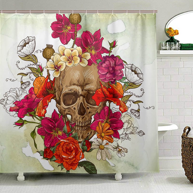 Colorful Flower Sugar Skull Waterproof Shower Curtain With 12 Hooks