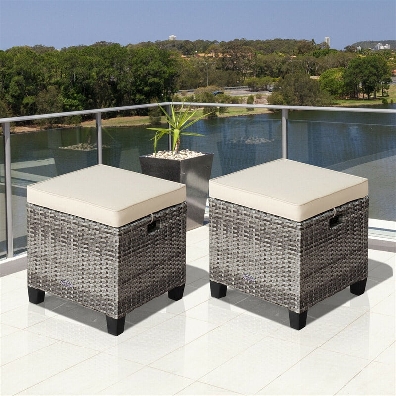2 Pieces Wicker Patio Ottomans Outdoor Rattan Footstools with Removable