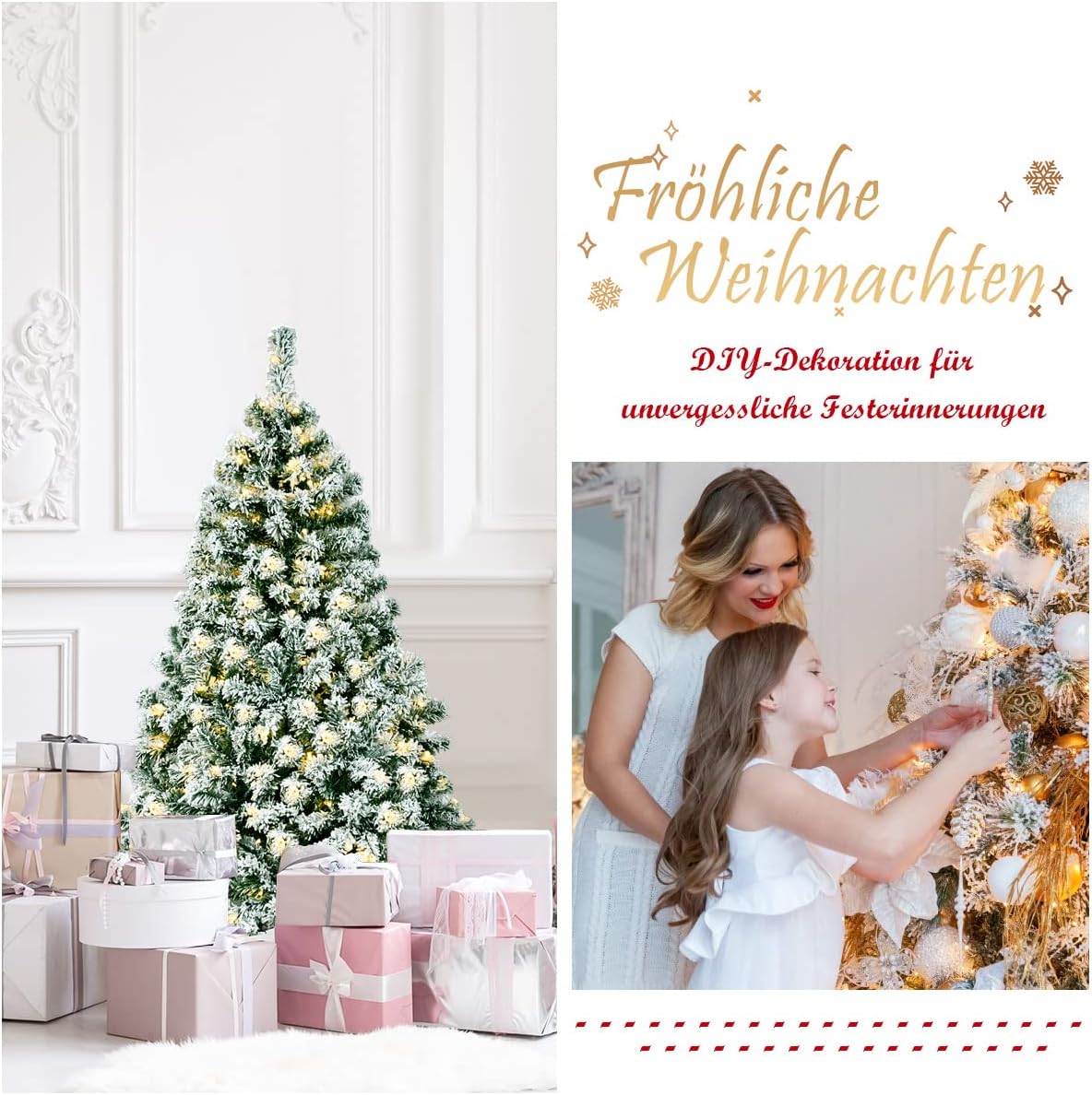 COSTWAY 135/180/225 cm Artificial Christmas Tree with Snow and Warm