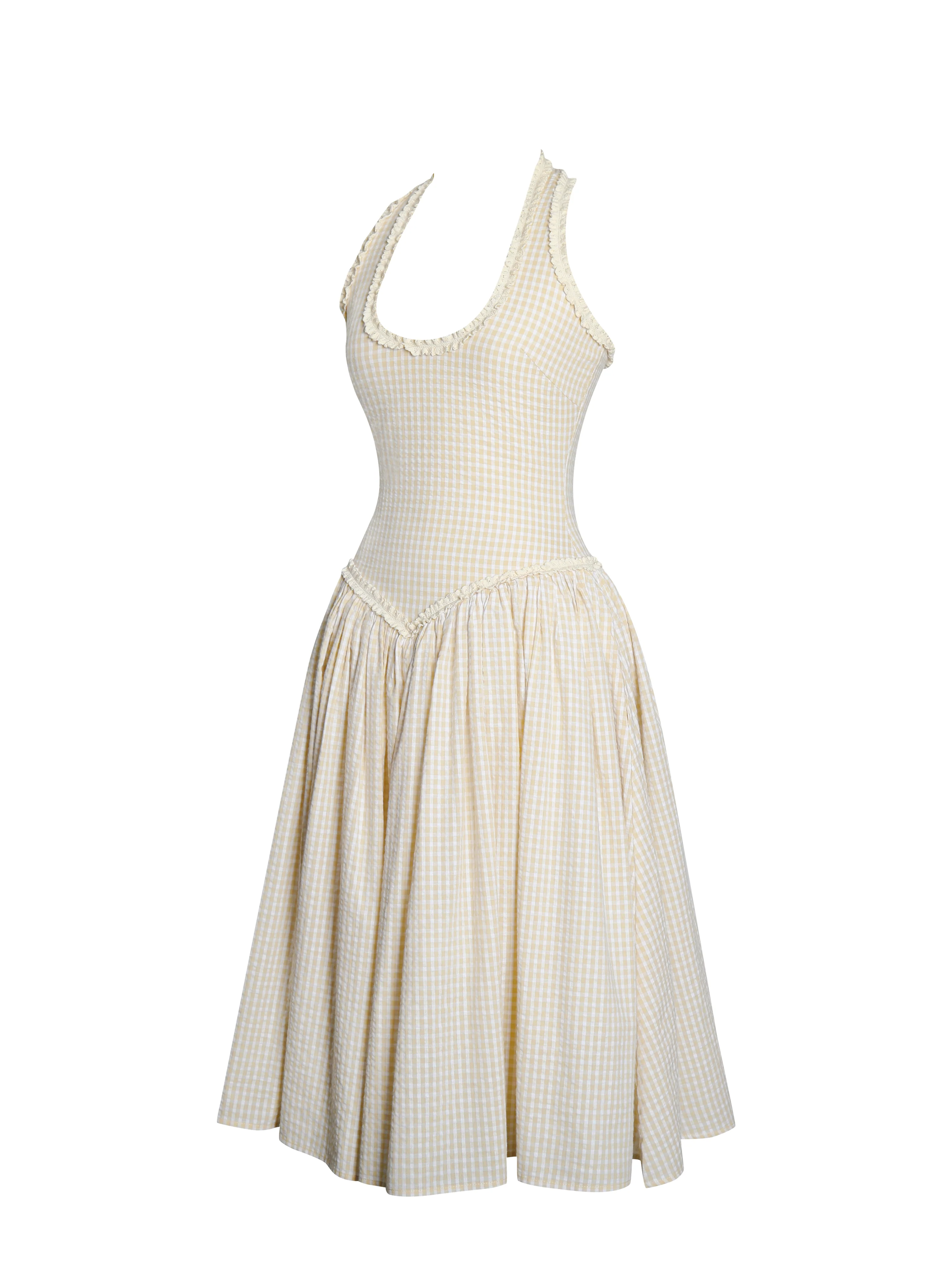 Idella Yellow Gingham U Neck Midi Dress