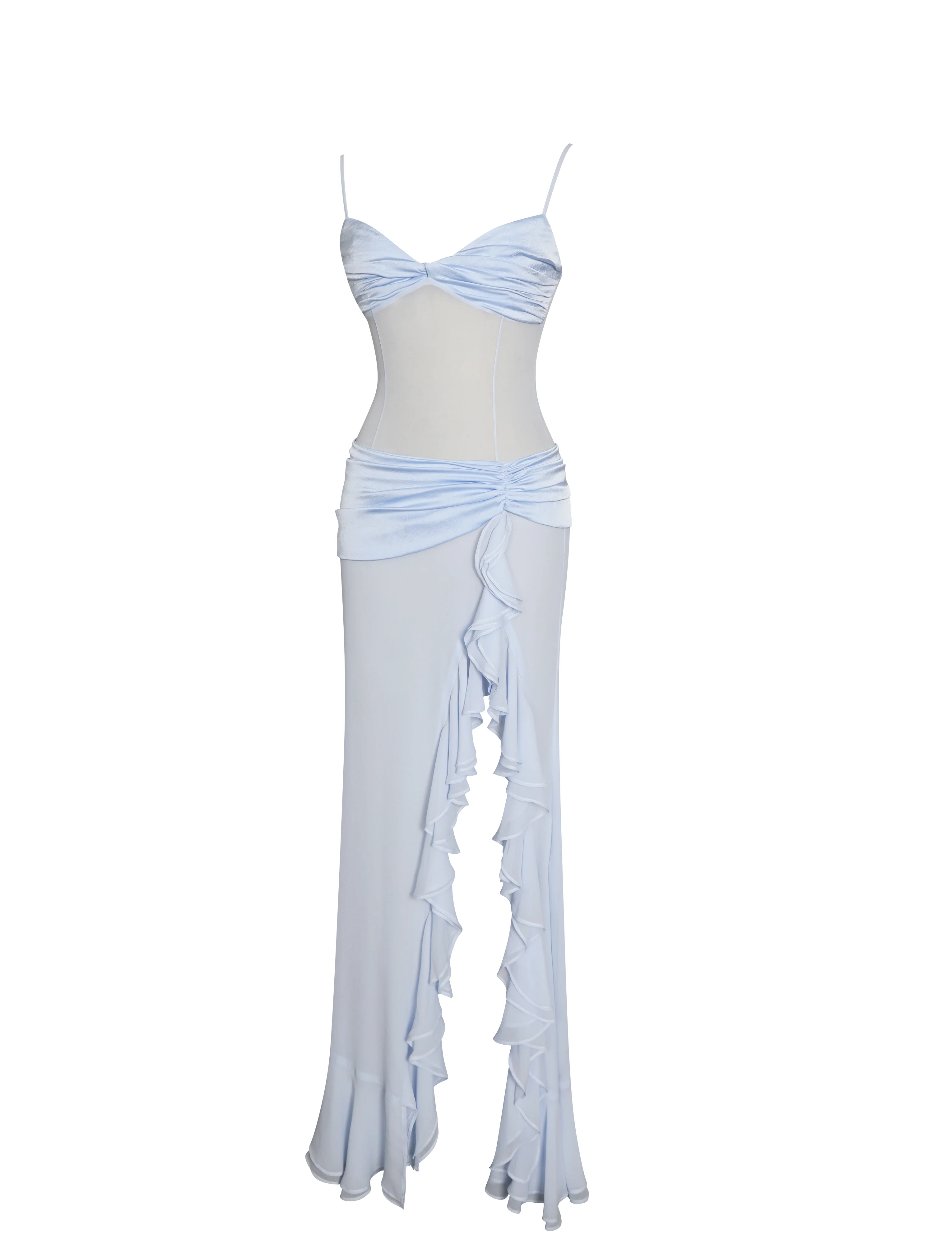 Lacy Blue Ruched Breast High Slit Chiffon Dress