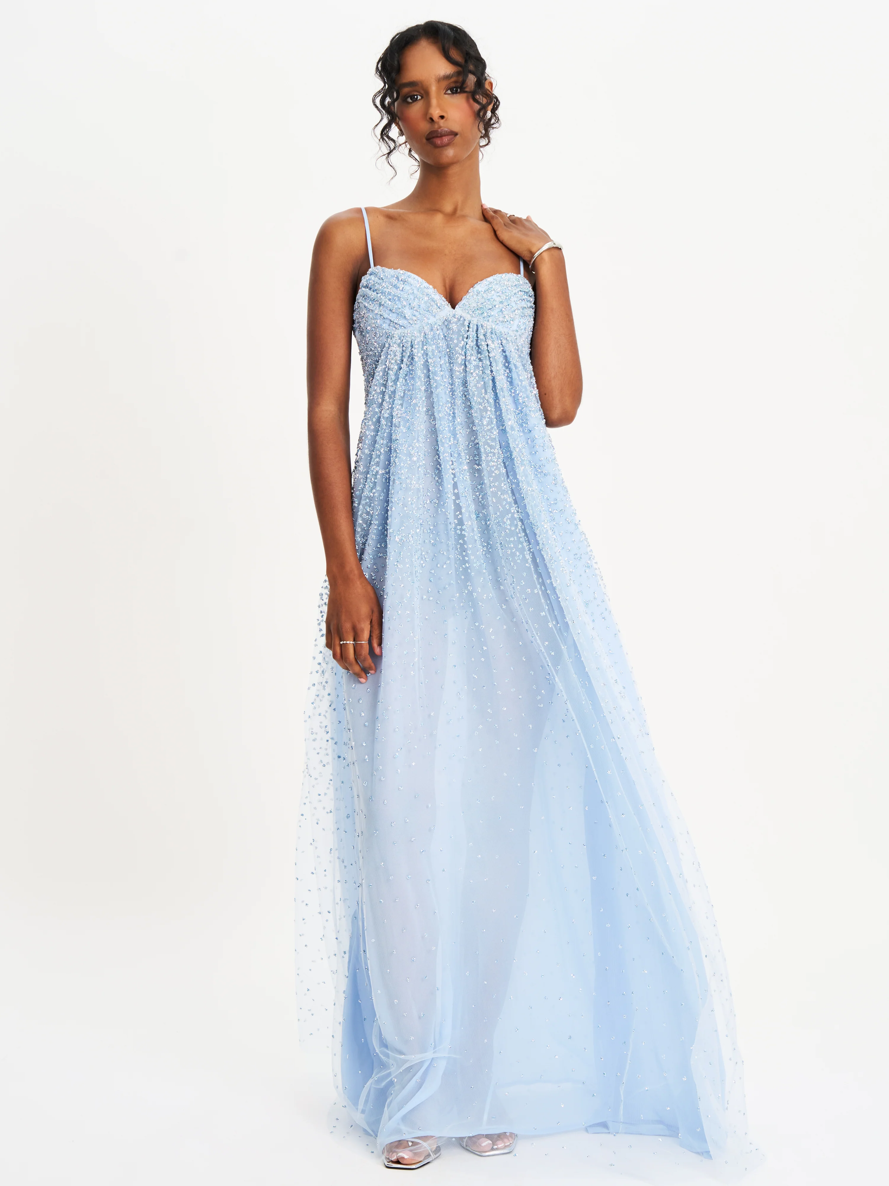 Wallie Baby Blue Rhinestone Embellished Mesh Backless Gown