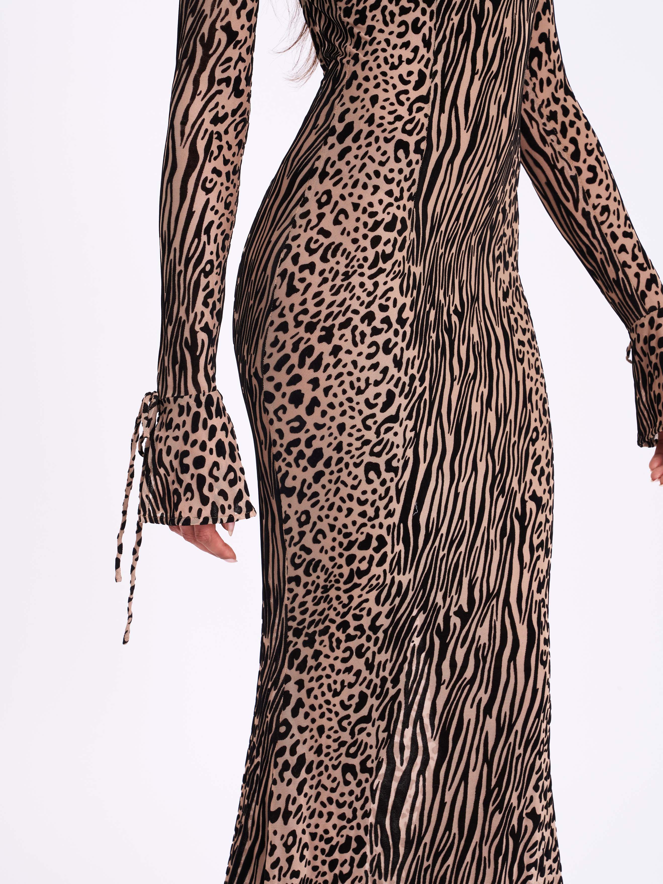 Waylynn Nude Black Animal Print Burnout Velvet Detail Mesh Backless Maxi Dress