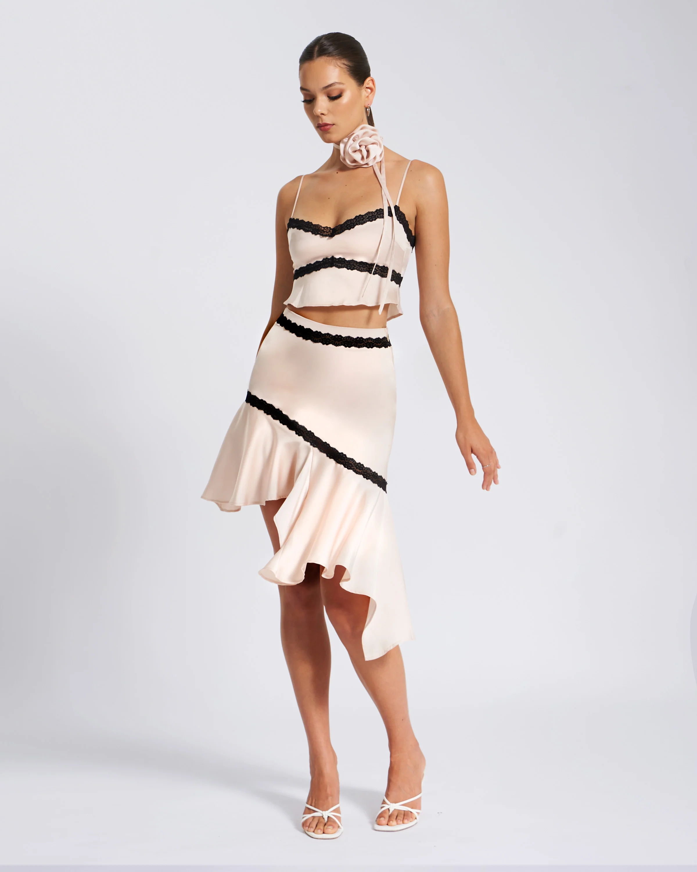 Yahvi Beige Lace Trim Satin Skirt