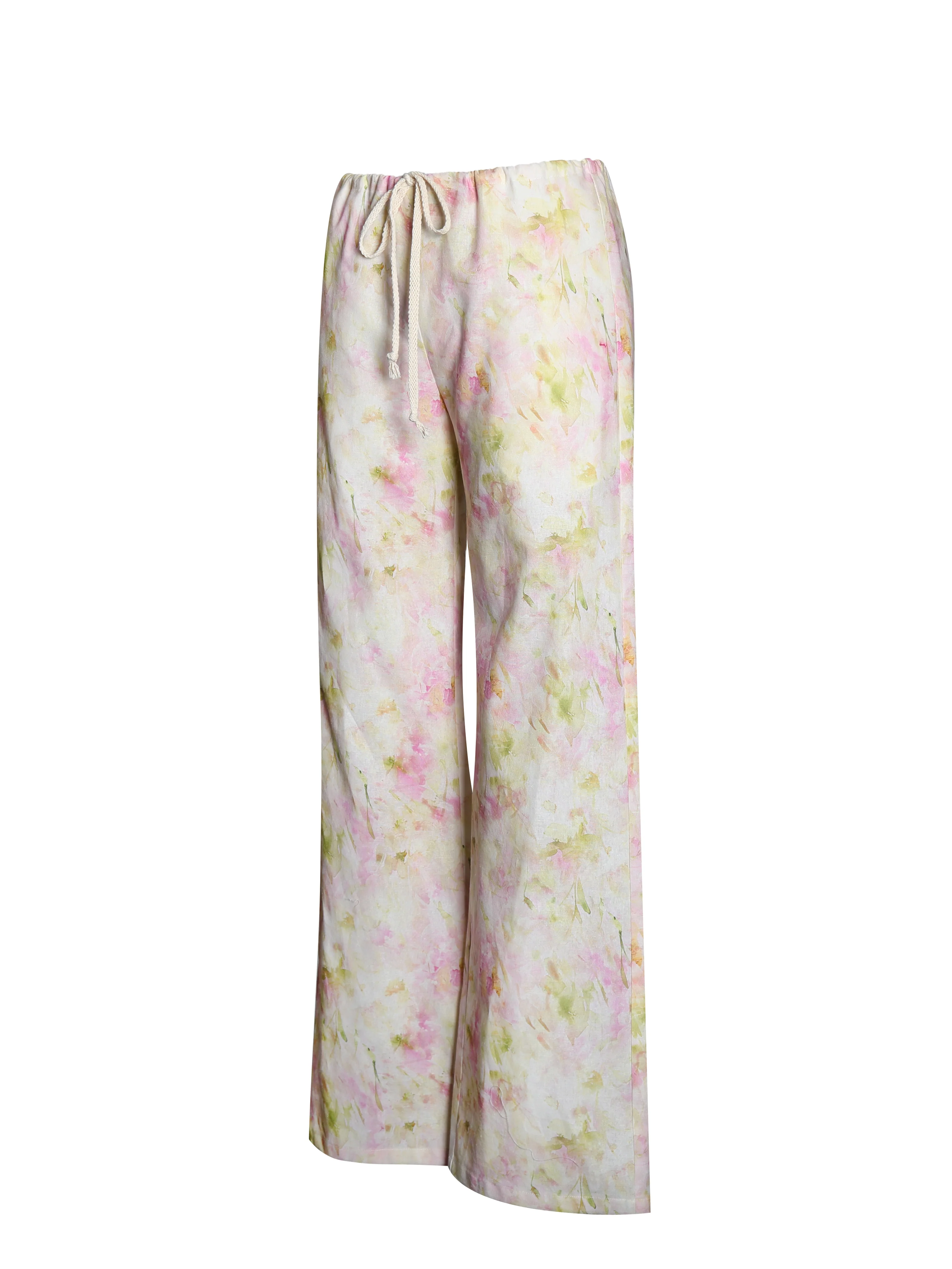 Laureen Pink Floral Print Linen Straight Pants