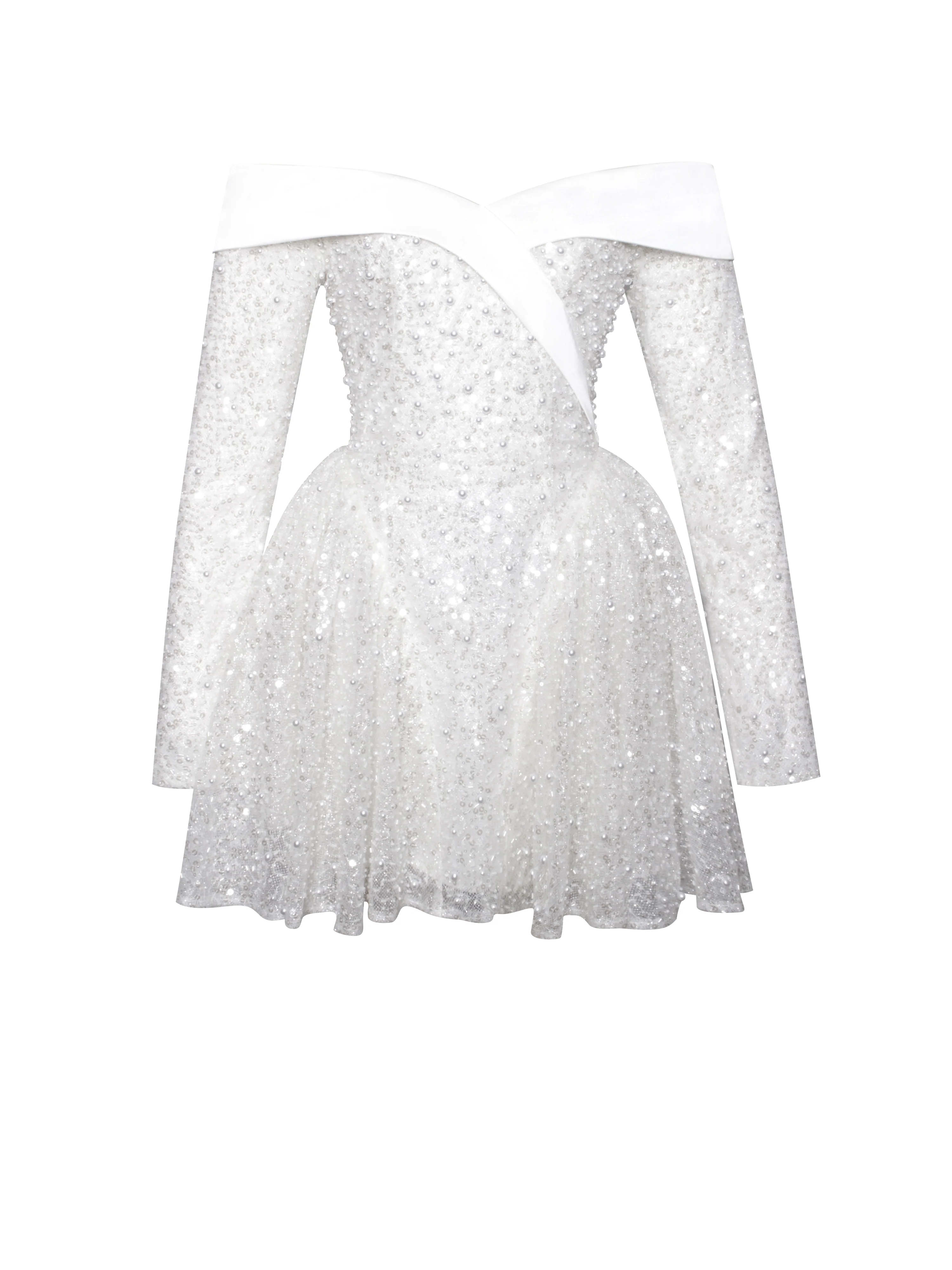 Kira Bead Embroidered Mesh Off Shoulder Long Sleeve Mini Dress