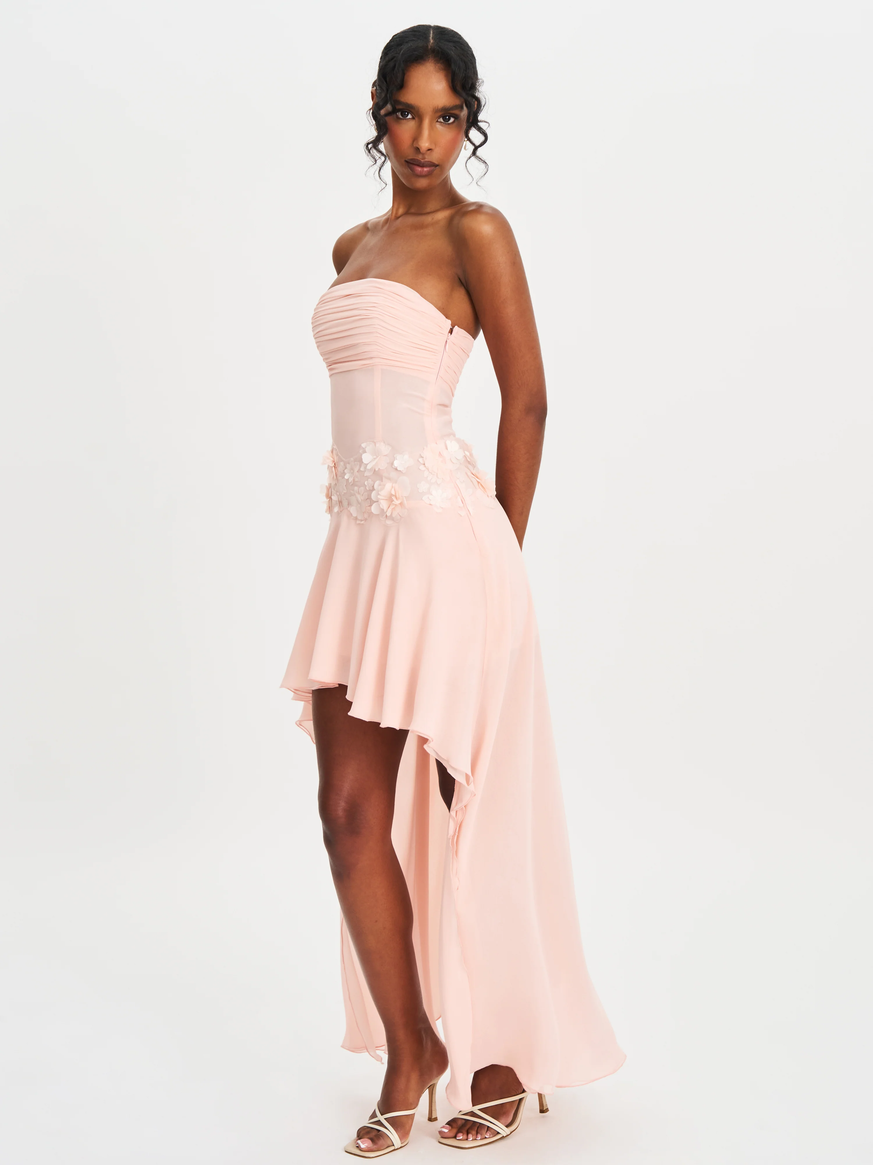 Mae Pink Ruched Breast Appliqué Trim Trailing Dress