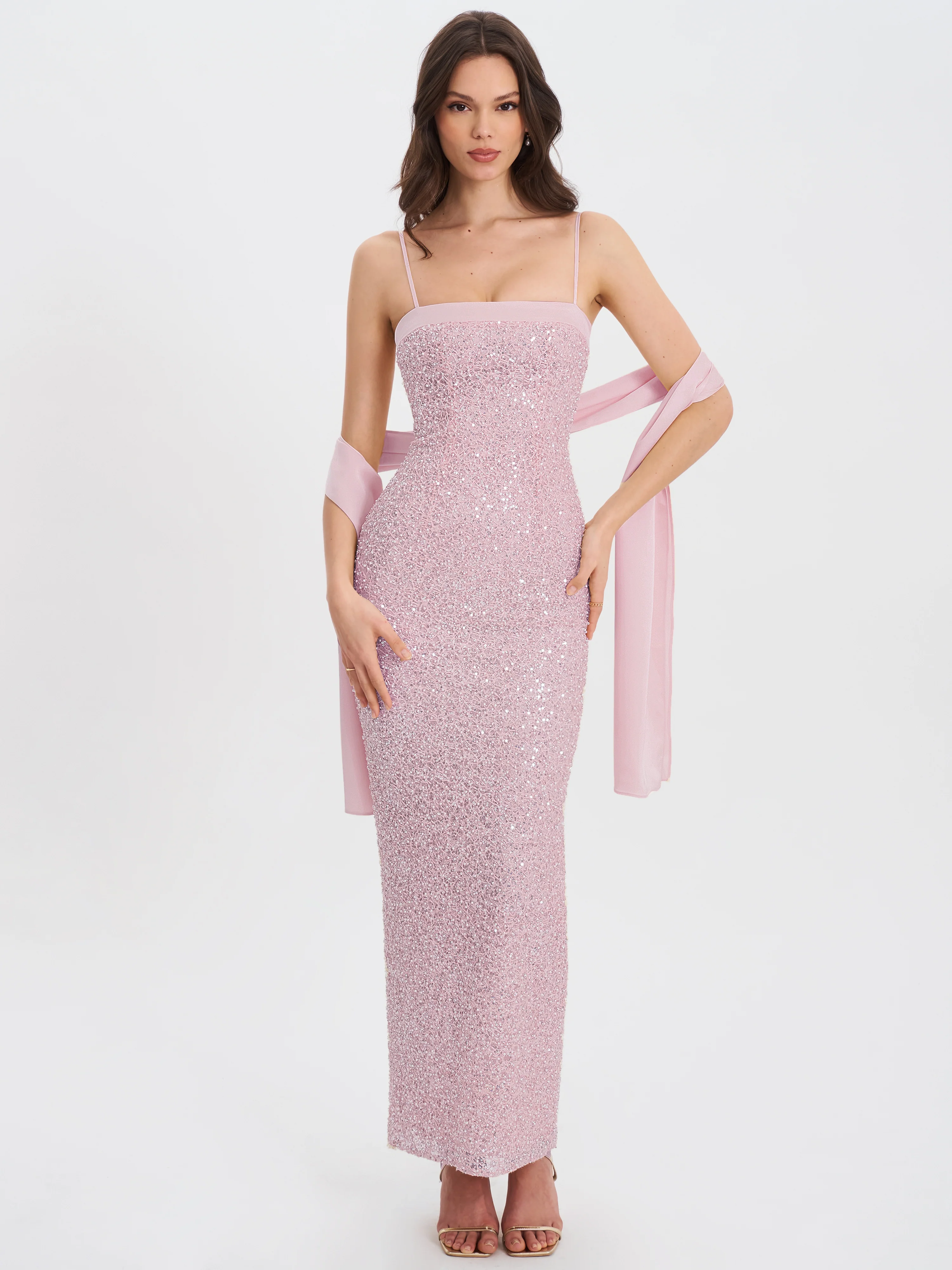 Raizel Pink Beaded Sequin Bodycon Gown with Scarf
