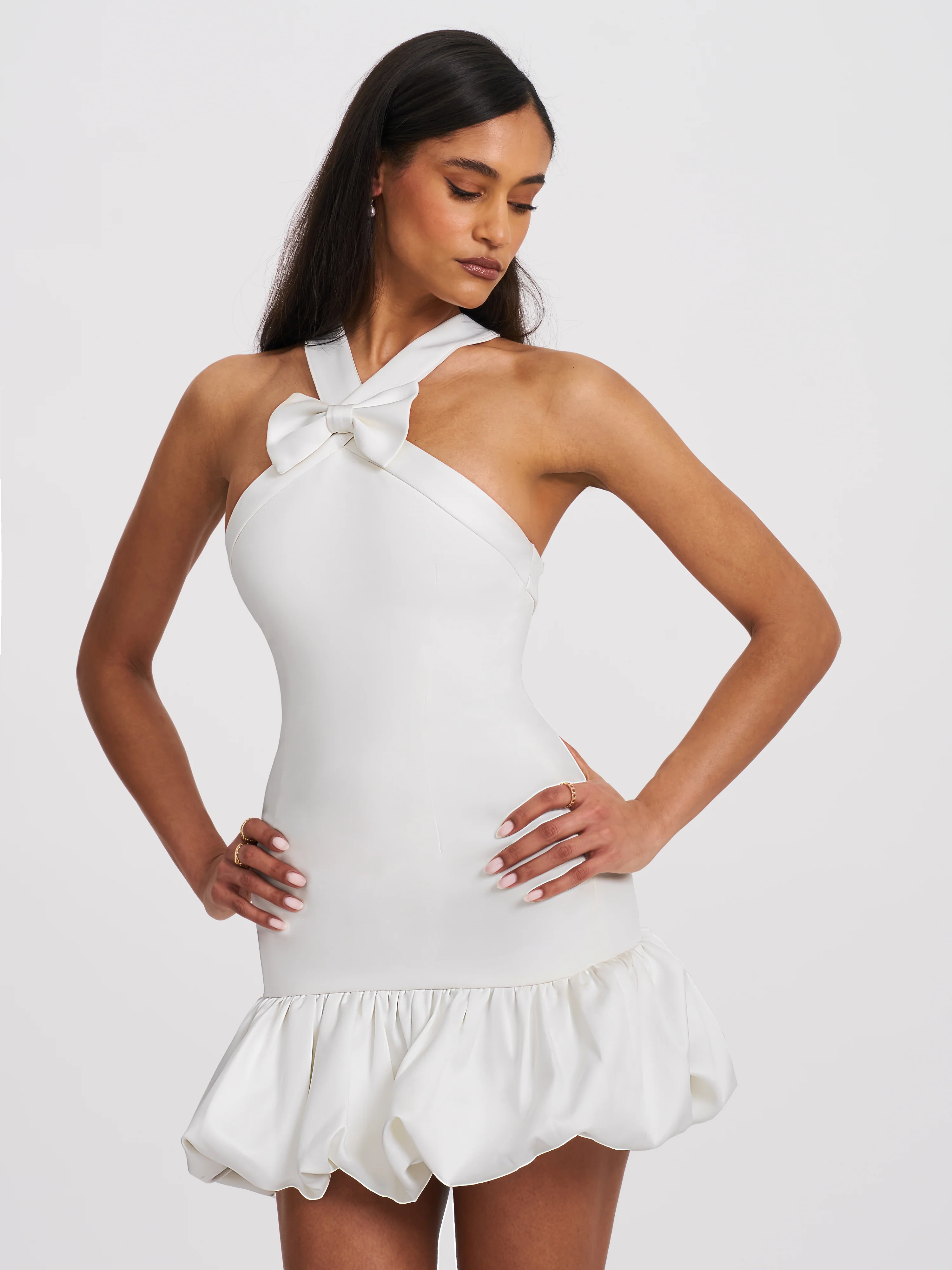 Barbra White Cross Straps Bodycon Mini Dress with Bubble Hem