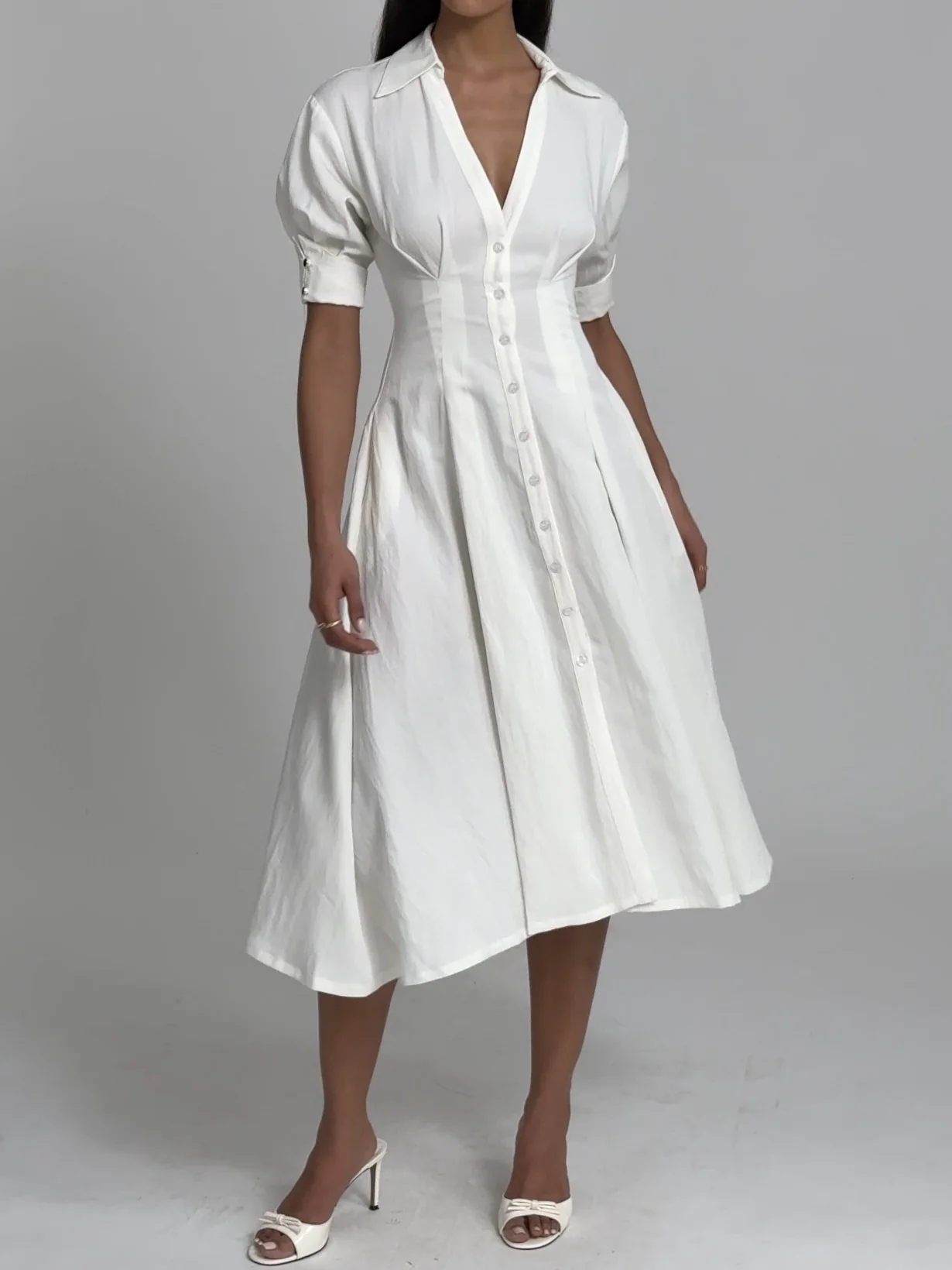 Palina Lyocell Pleated Midi Preppy Shirt Dress
