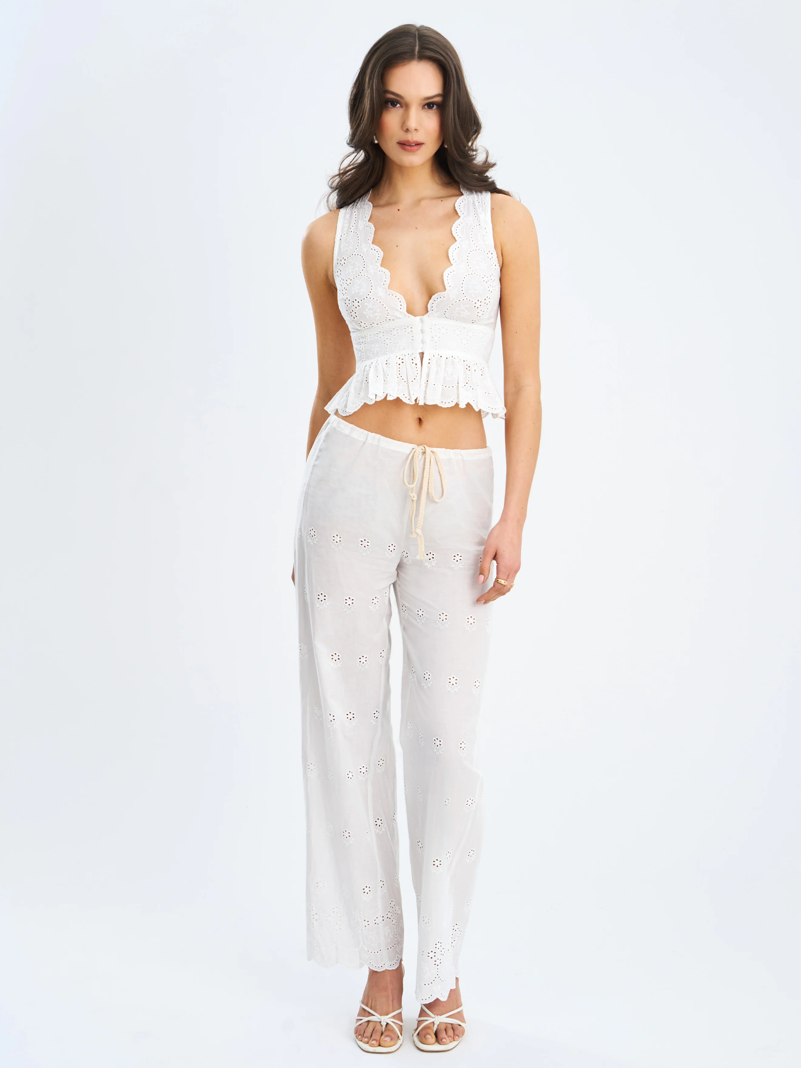 Raina White Cotton Eyelet Straight Pants