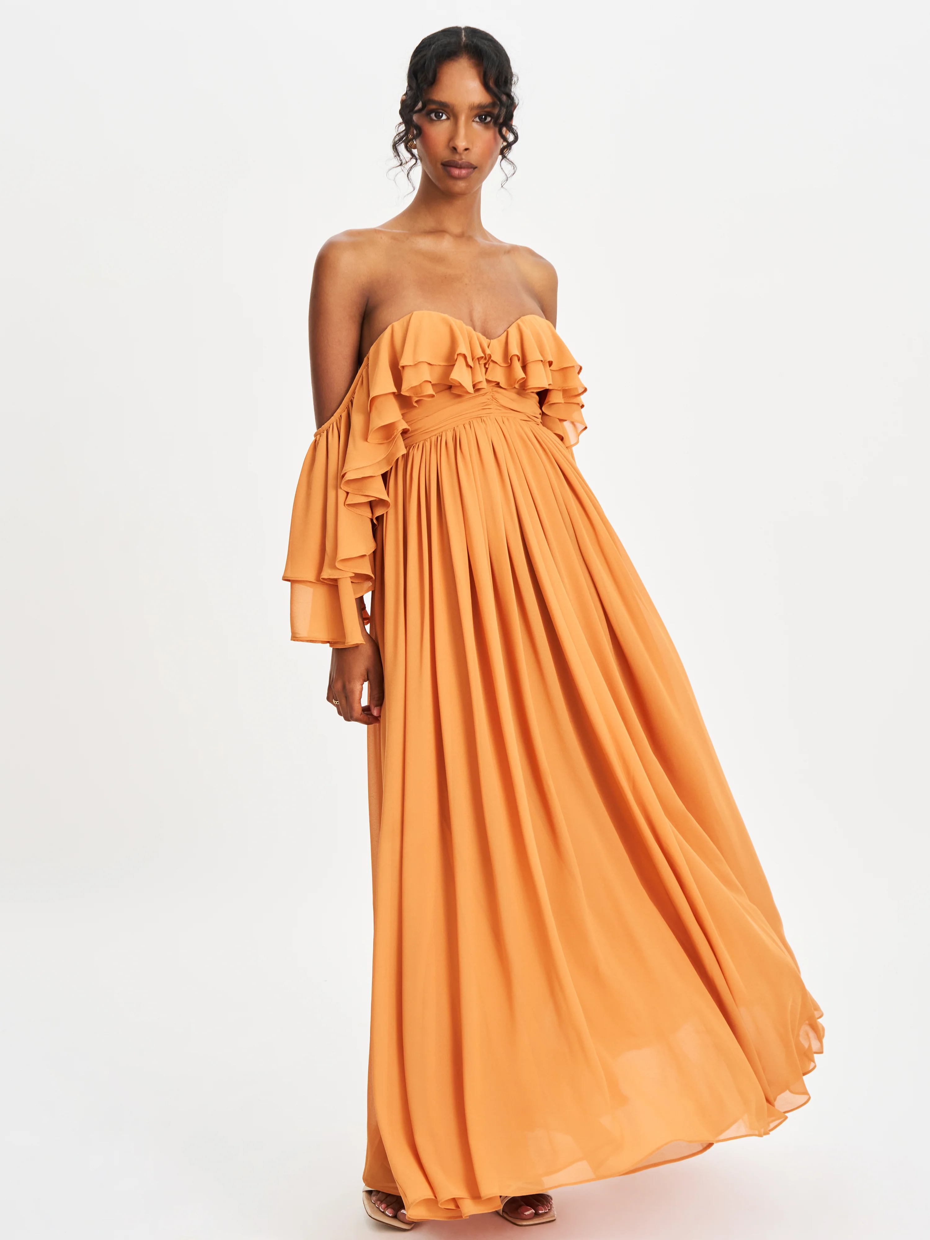 Kaela Brickwork Off Shoulder Chiffon Maxi Dress