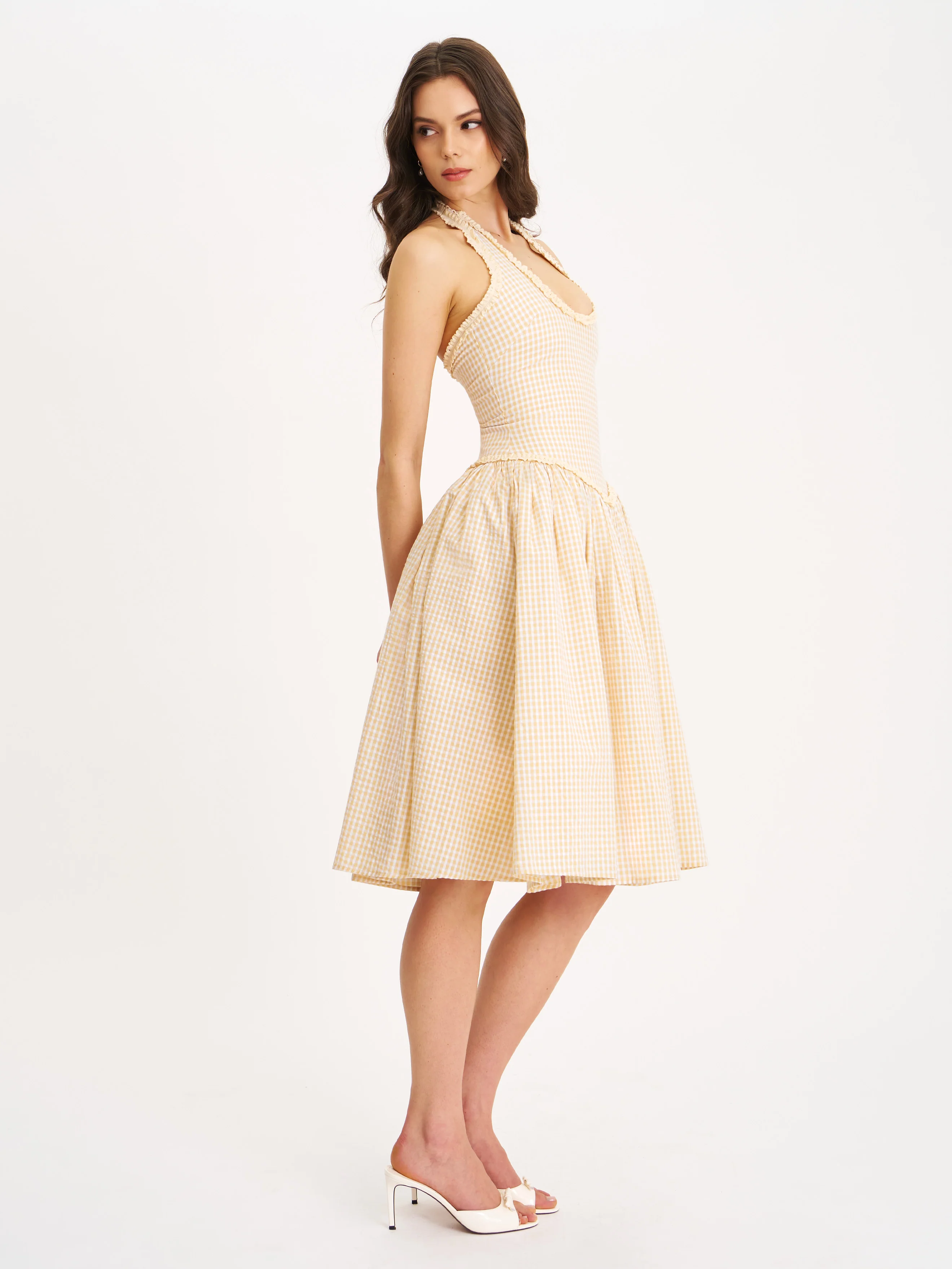 Idella Yellow Gingham U Neck Midi Dress