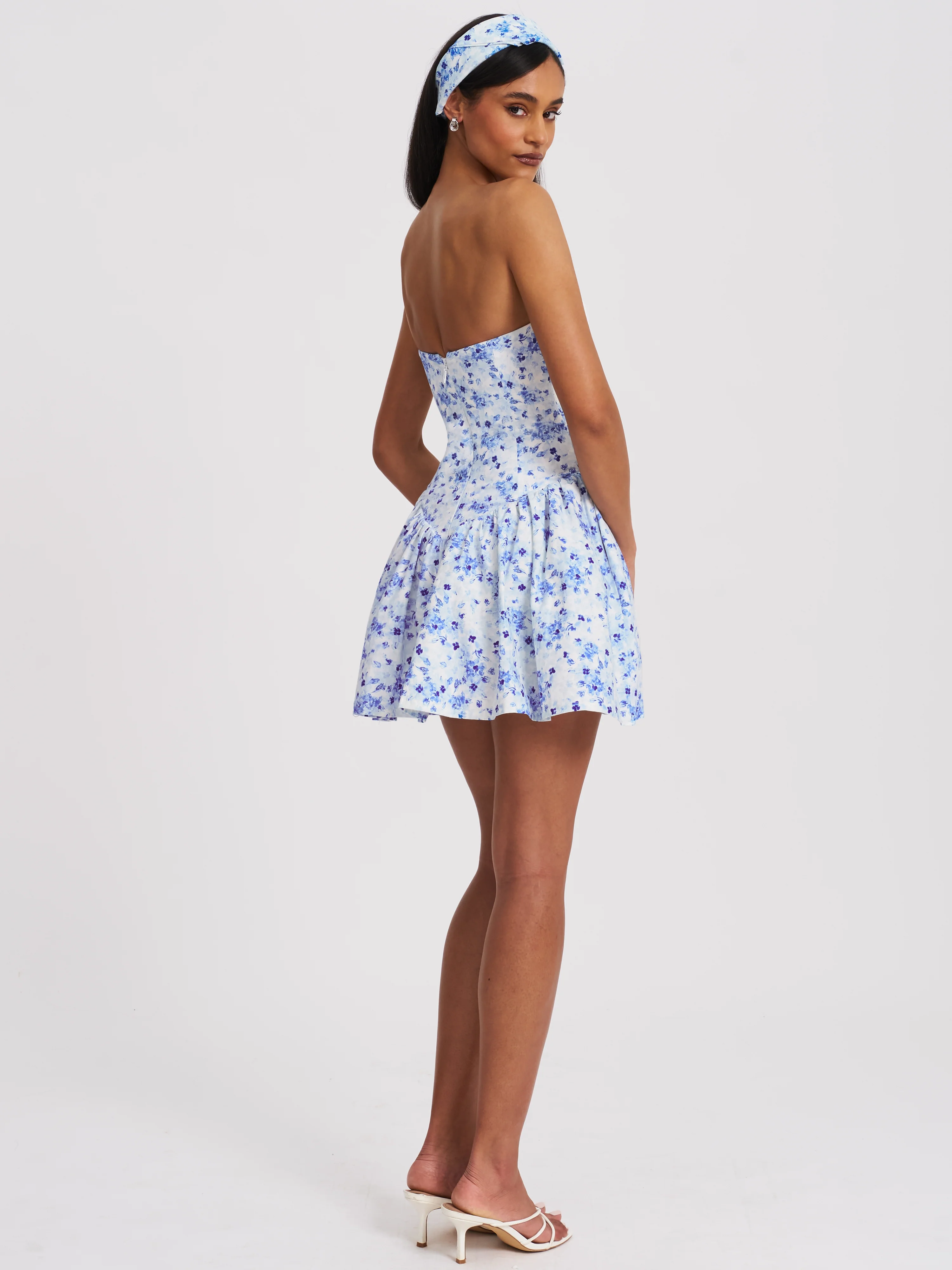 Taleah Blue Floral Print Linen Mini Dress with Lace Trim