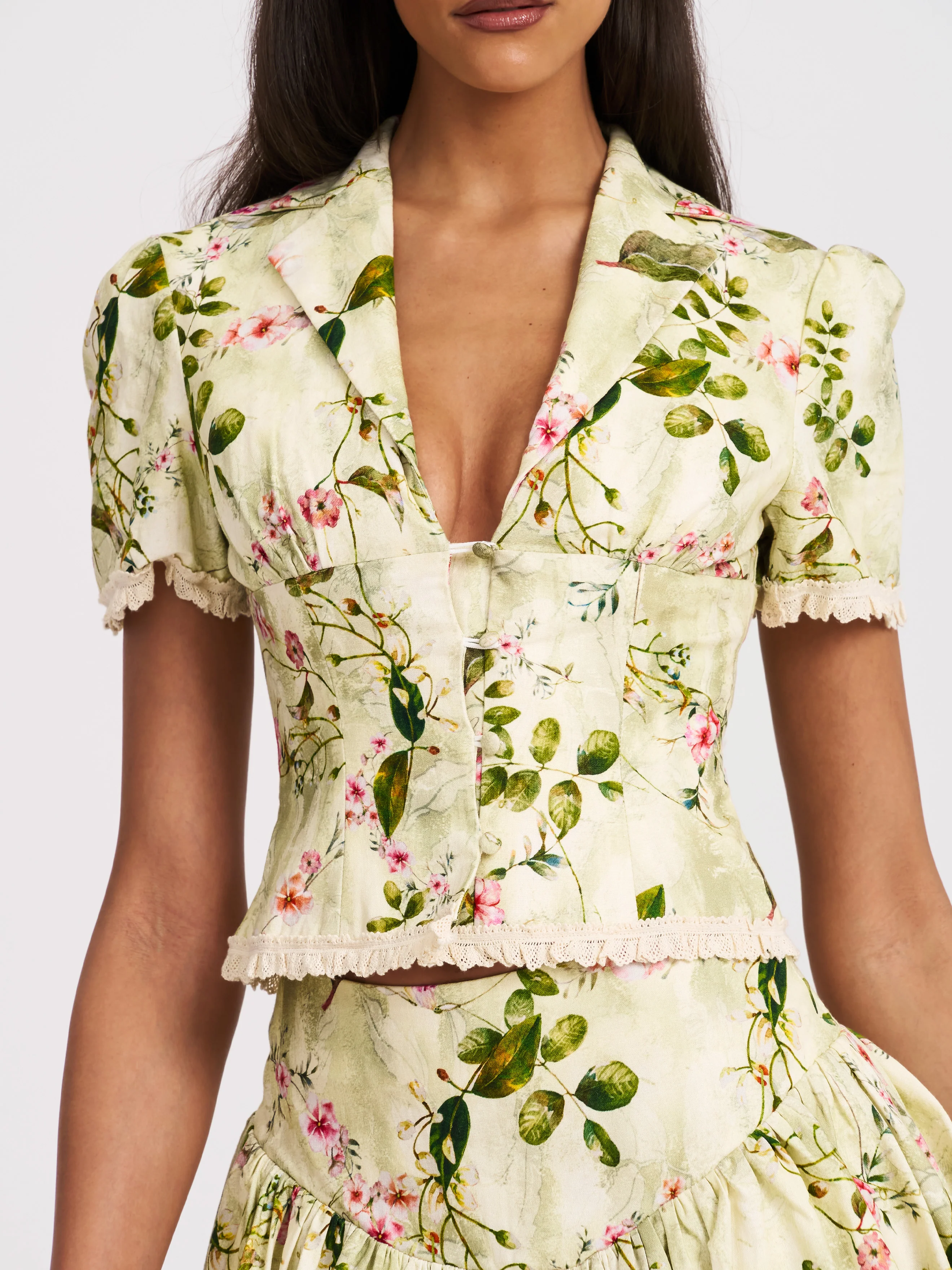 Zanella Green Floral Print Lace Trim Linen Top