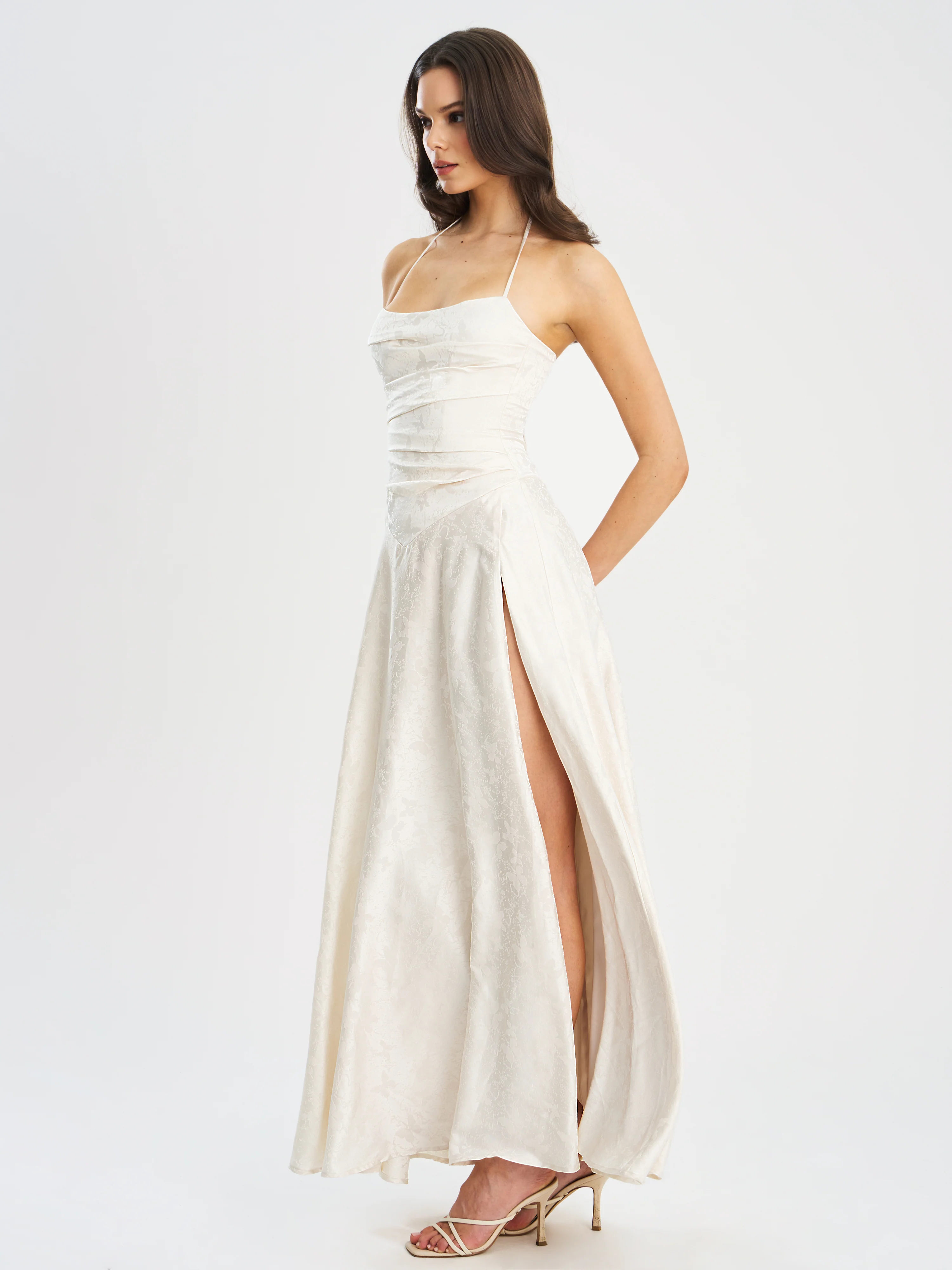 Raegan Pearl White Jacquard Rouched Maxi Dress