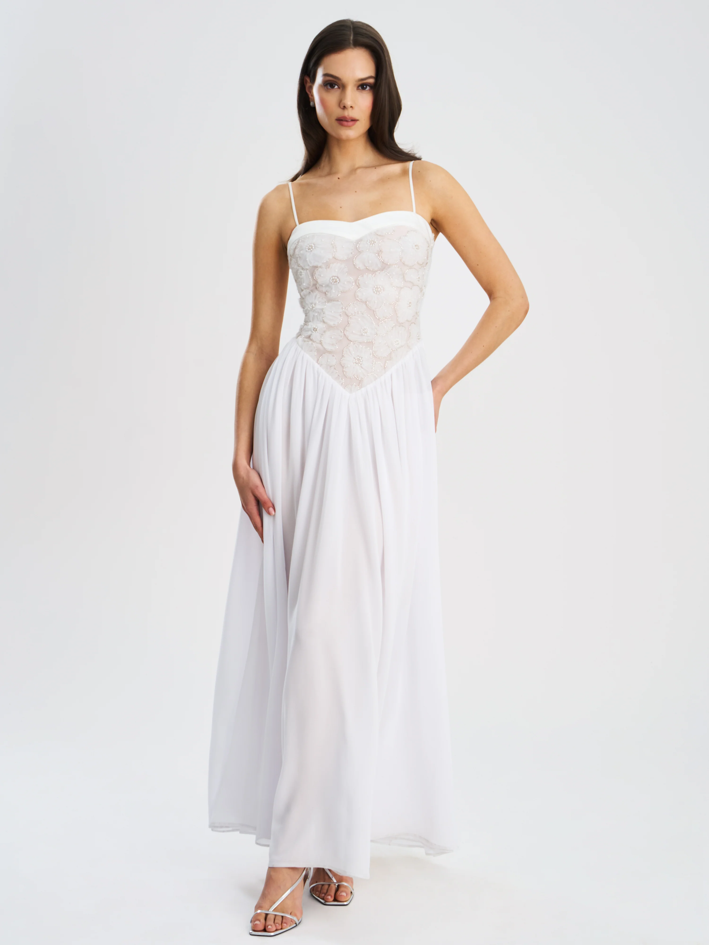 Ucille White Embroidered Chiffon Maxi Dress