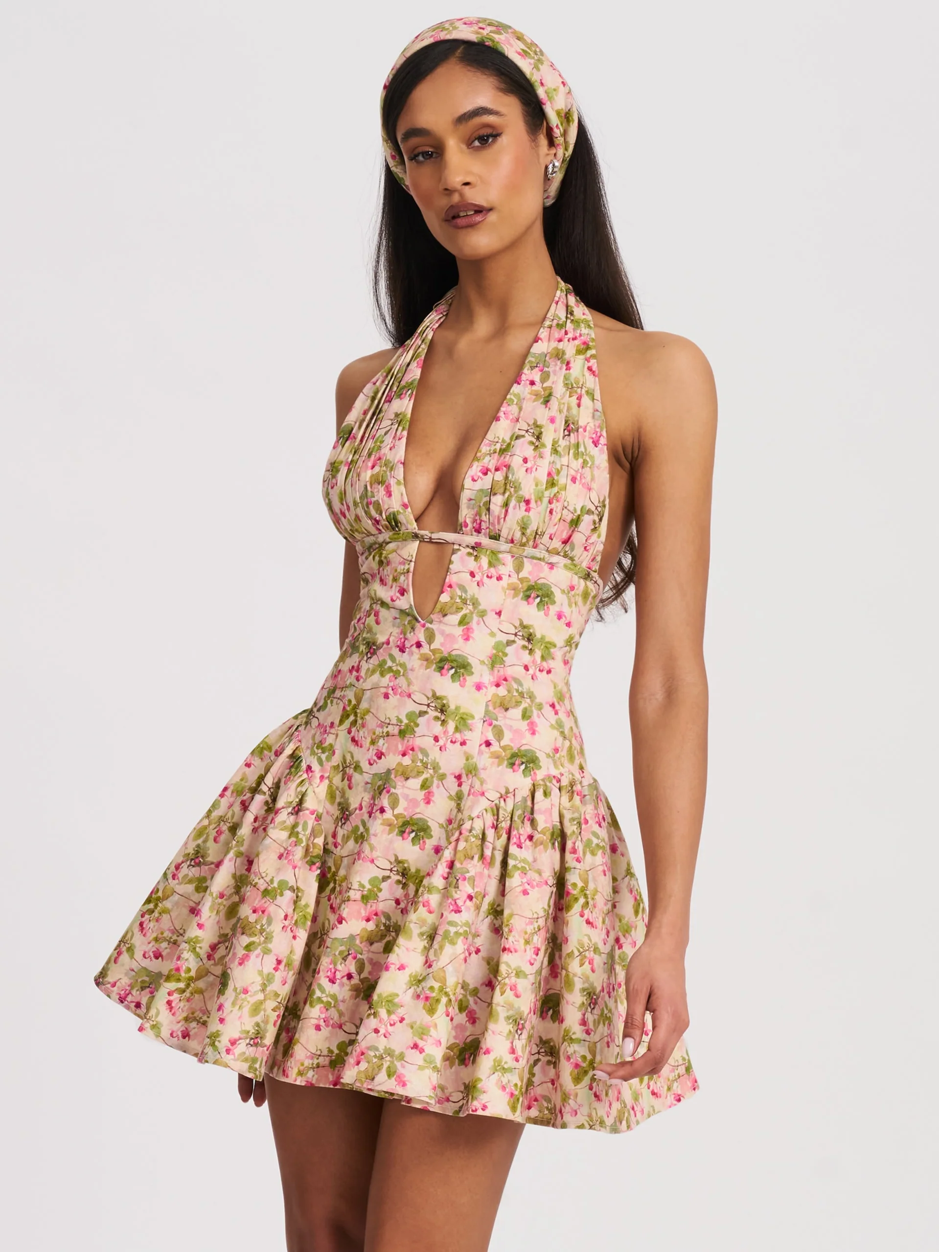 Mackenzie Green and Pink Floral Print Halter Linen Mini Dress