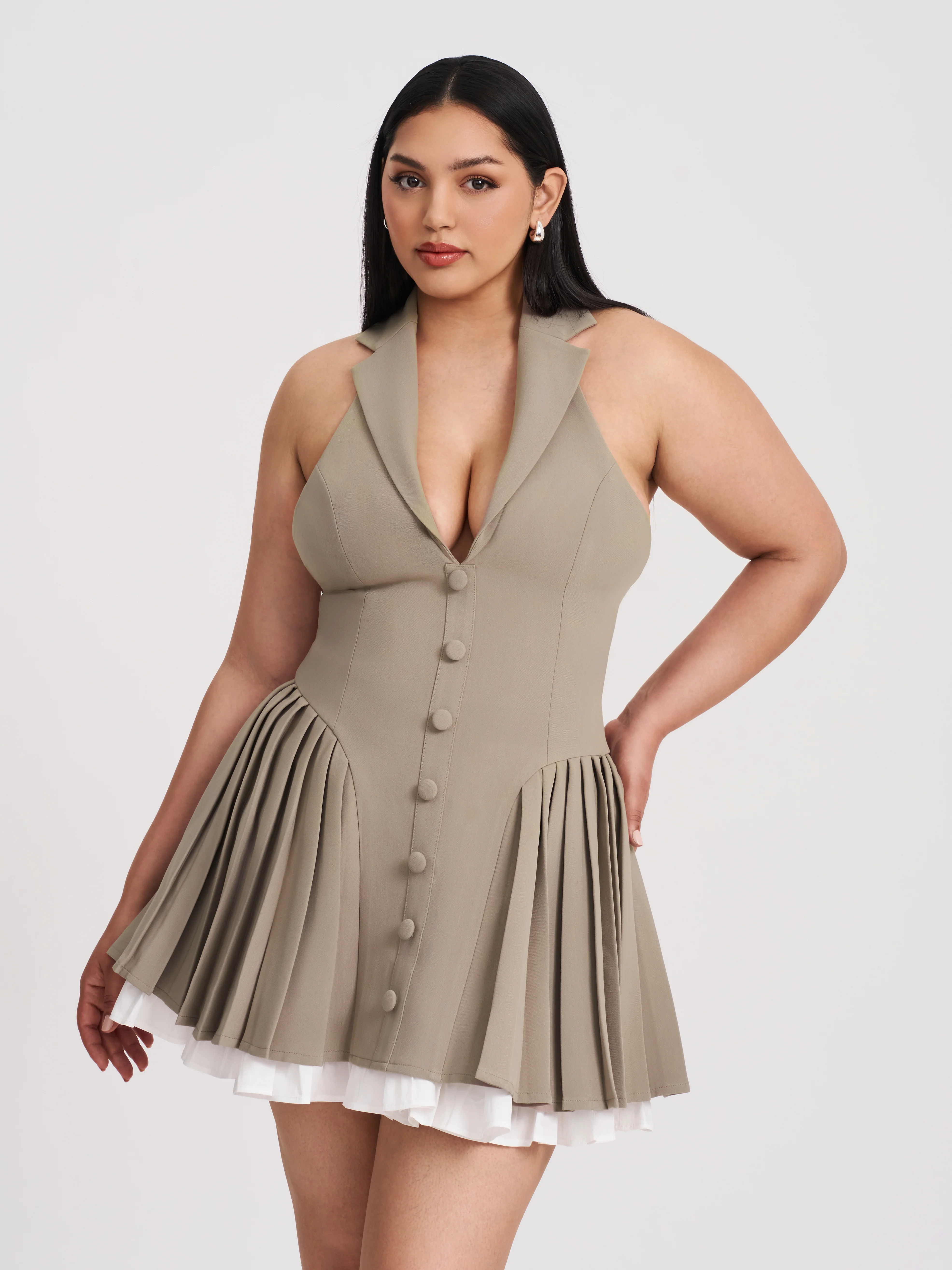 Hazel Brown Preppy Halter Neck Pleated Mini Dress