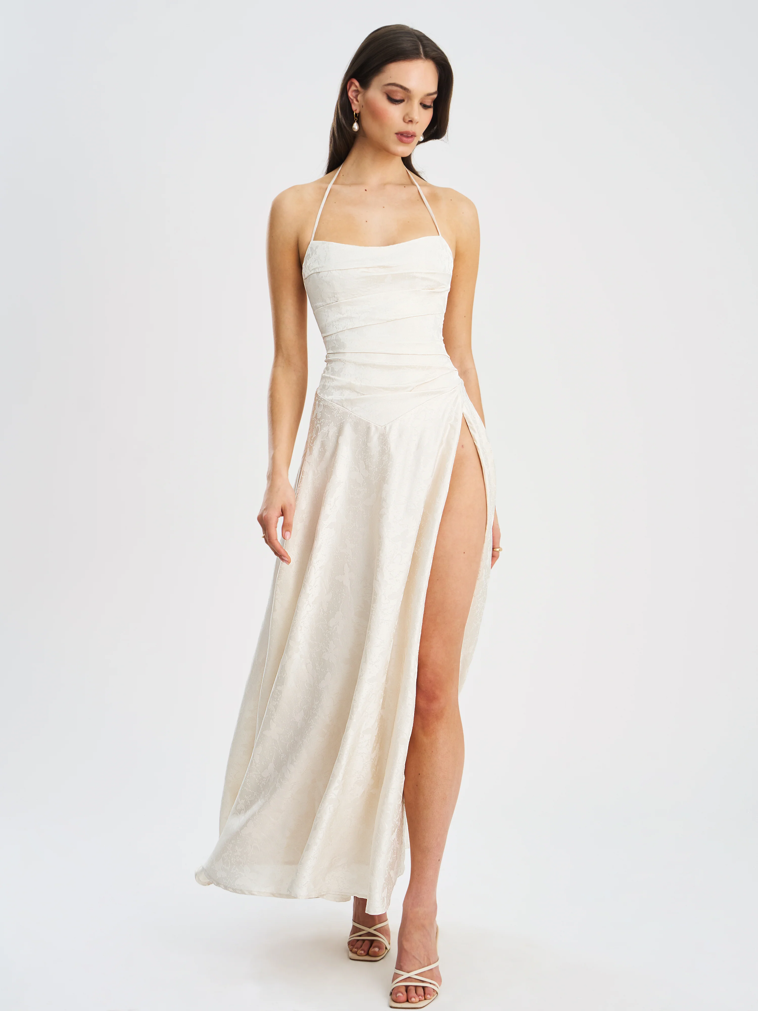 Raegan Pearl White Jacquard Rouched Maxi Dress