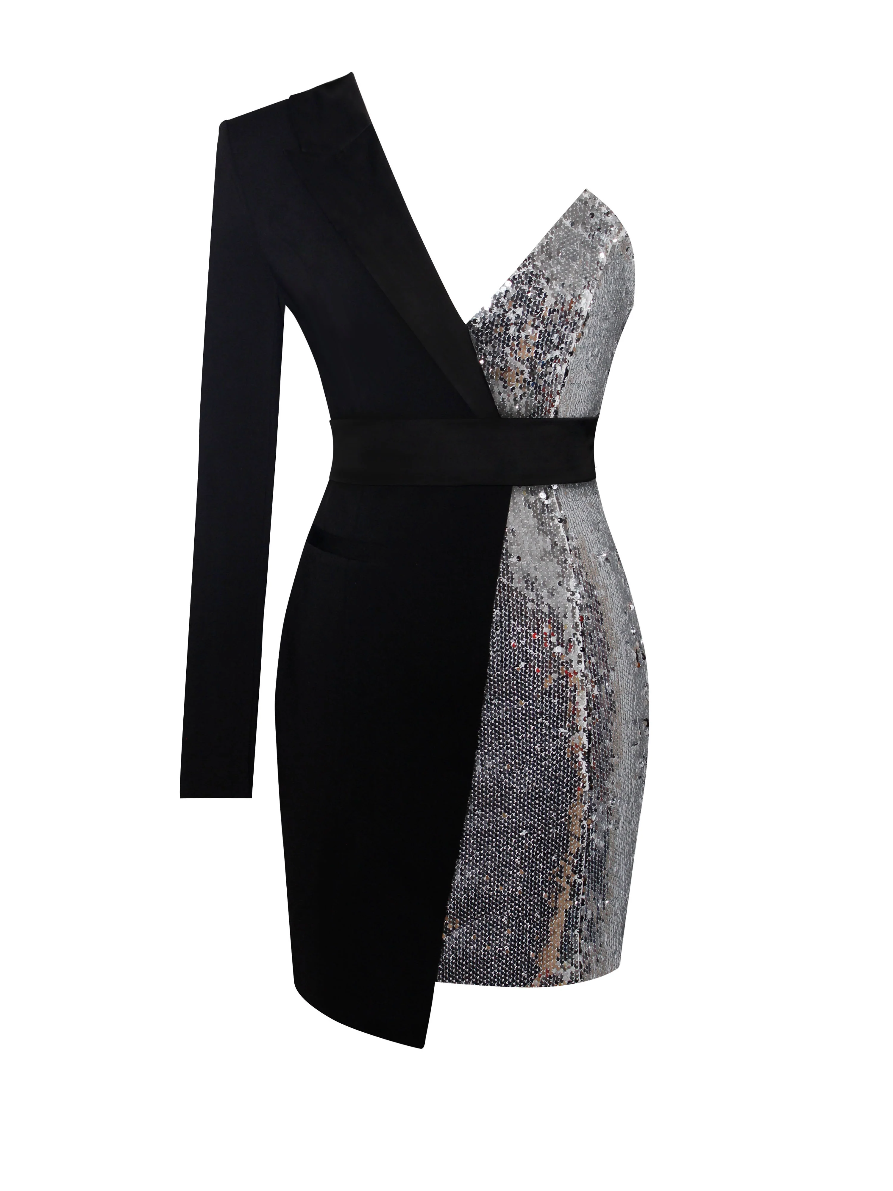 Silver Night Black Sequin Crepe Tuxedo Blazer Dress