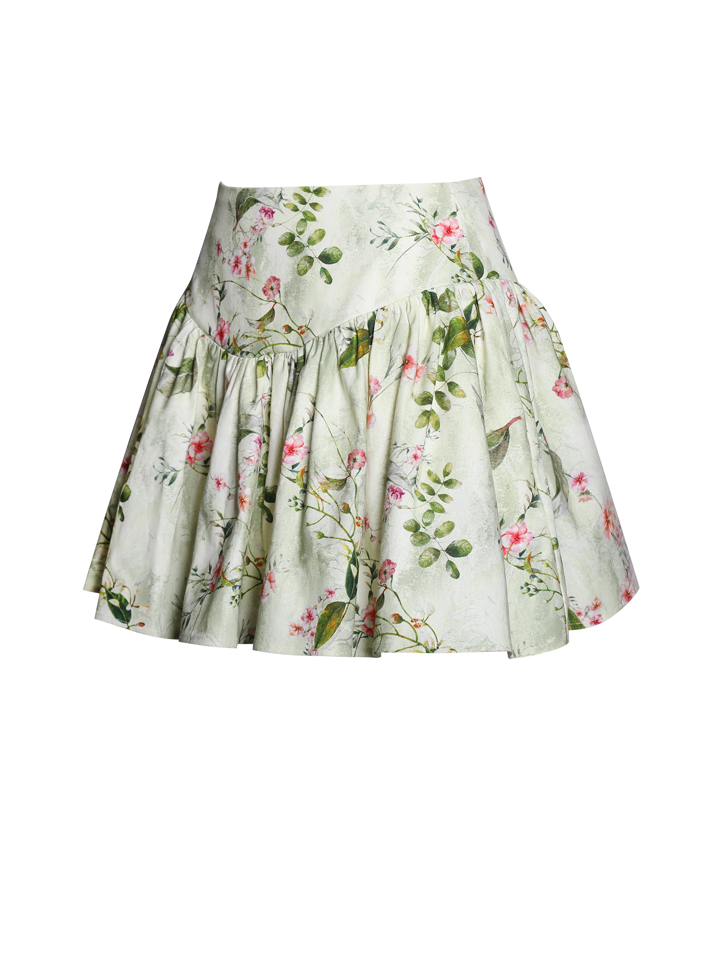 Zanelle Green Floral Print Drop Waist Linen Full Skirt