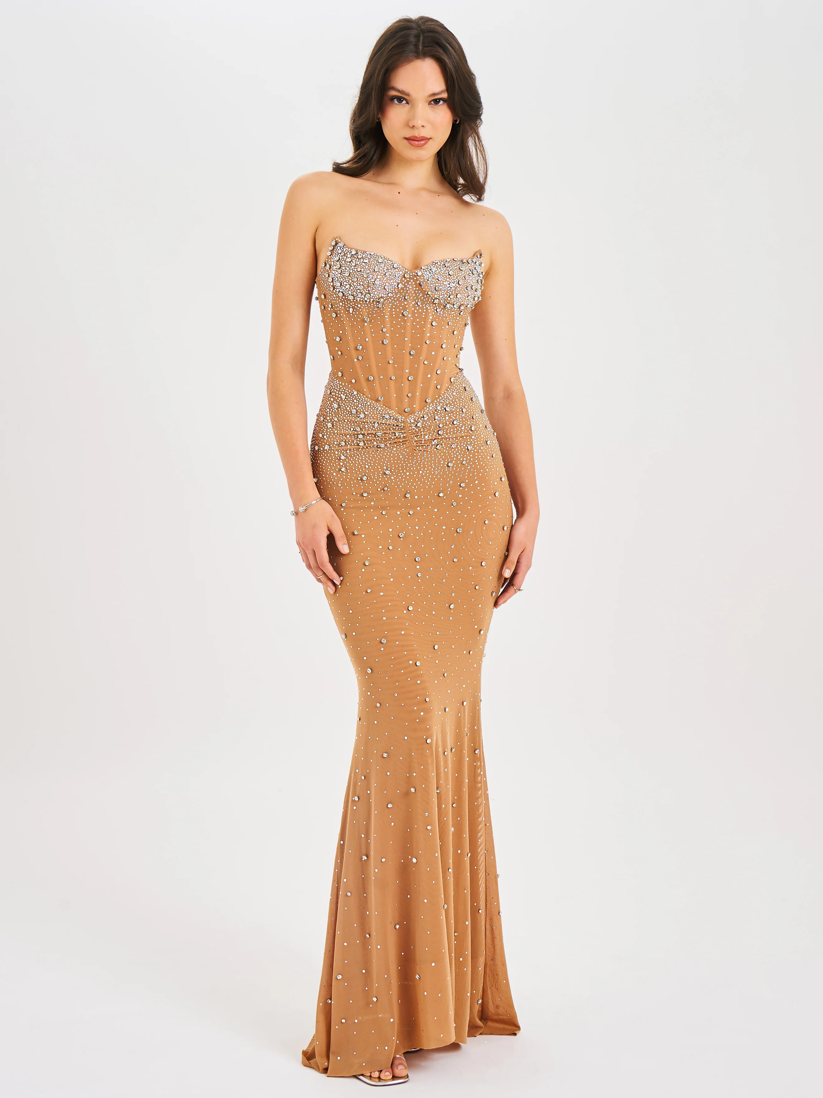 Fatima Nude Crystal Sleeveless Corset Mermaid Maxi Dress
