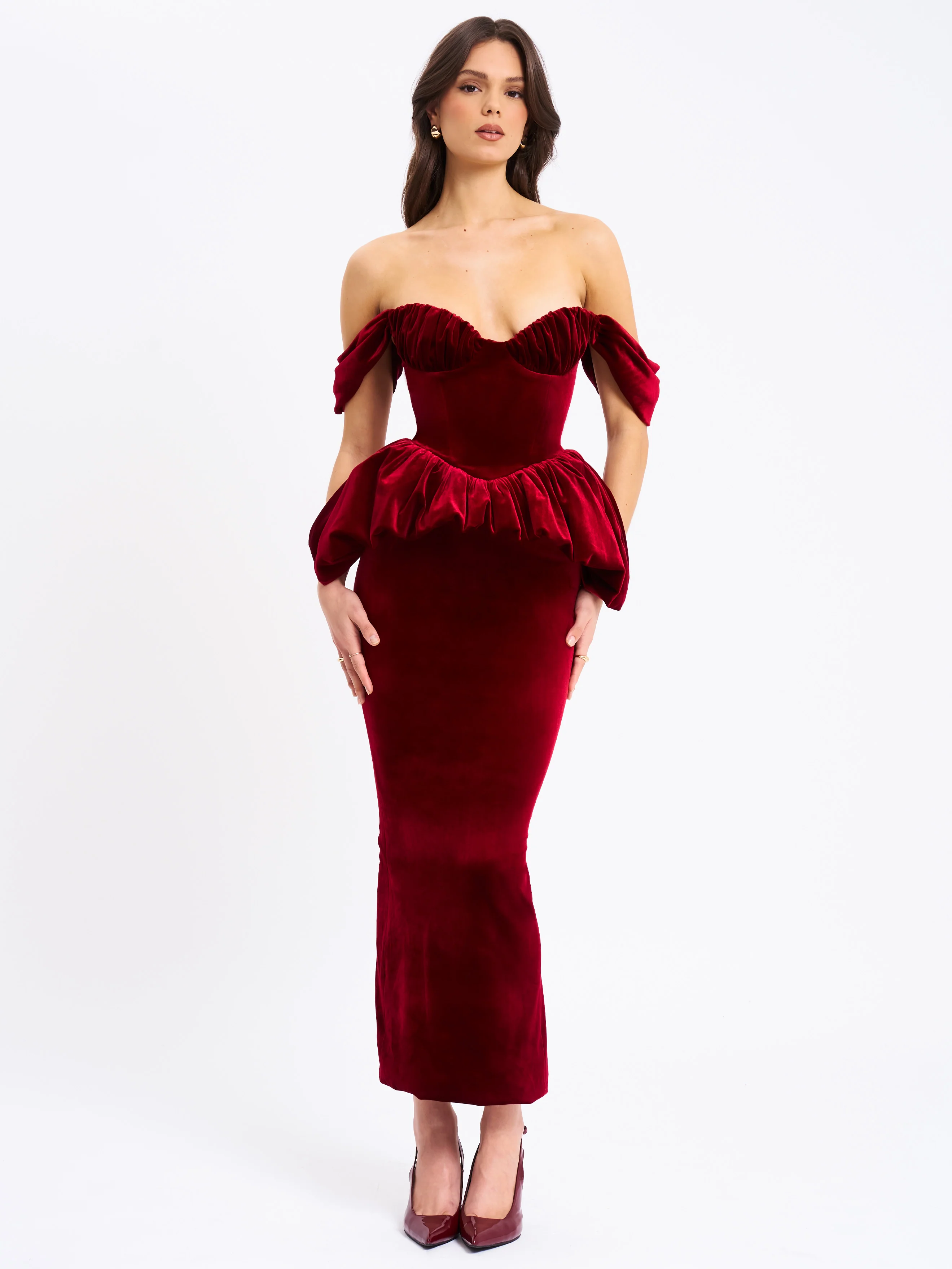 Abigail Velvet Off Shoulder Bubble Hem Peplum Maxi Dress