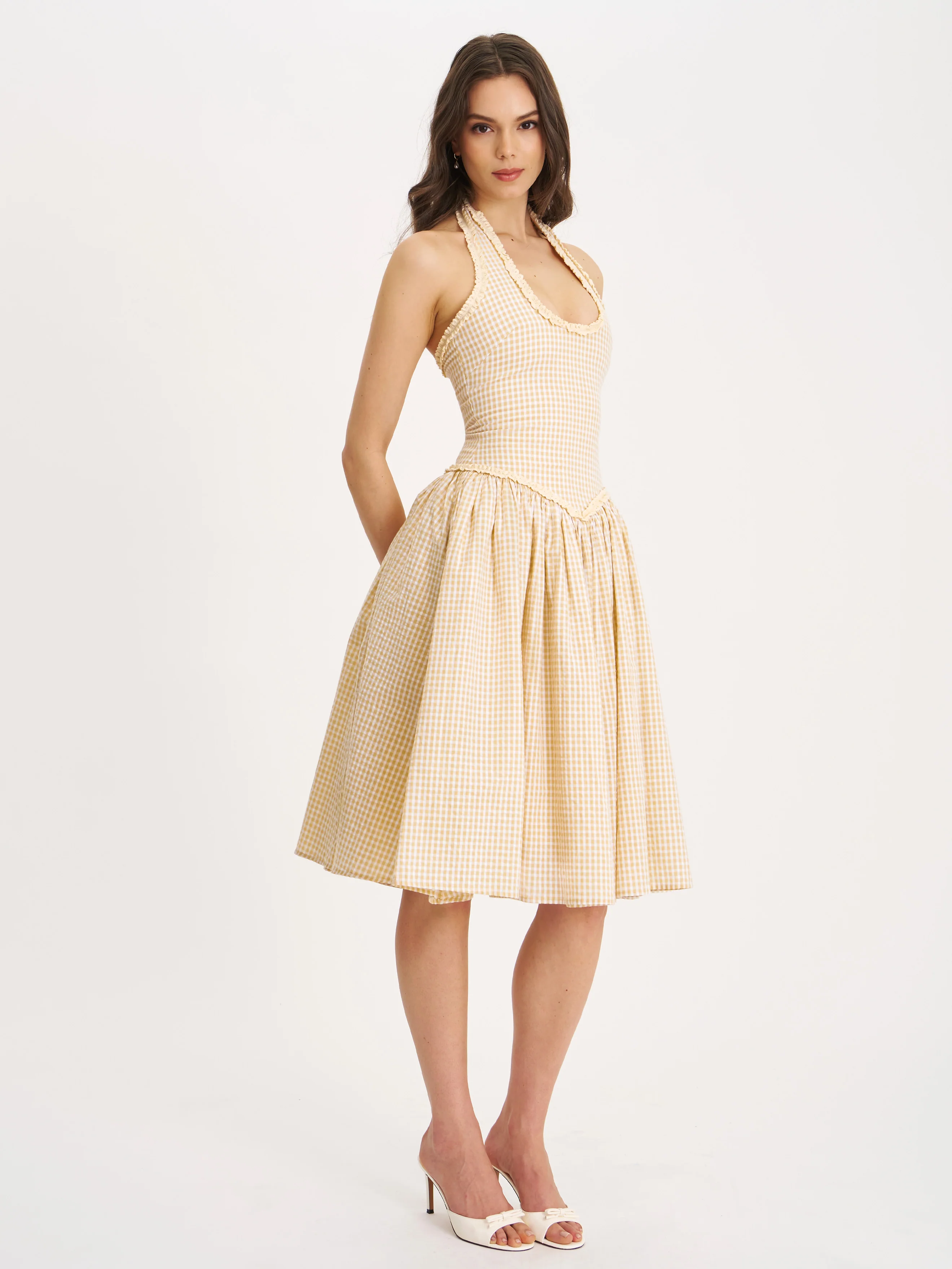 Idella Yellow Gingham U Neck Midi Dress