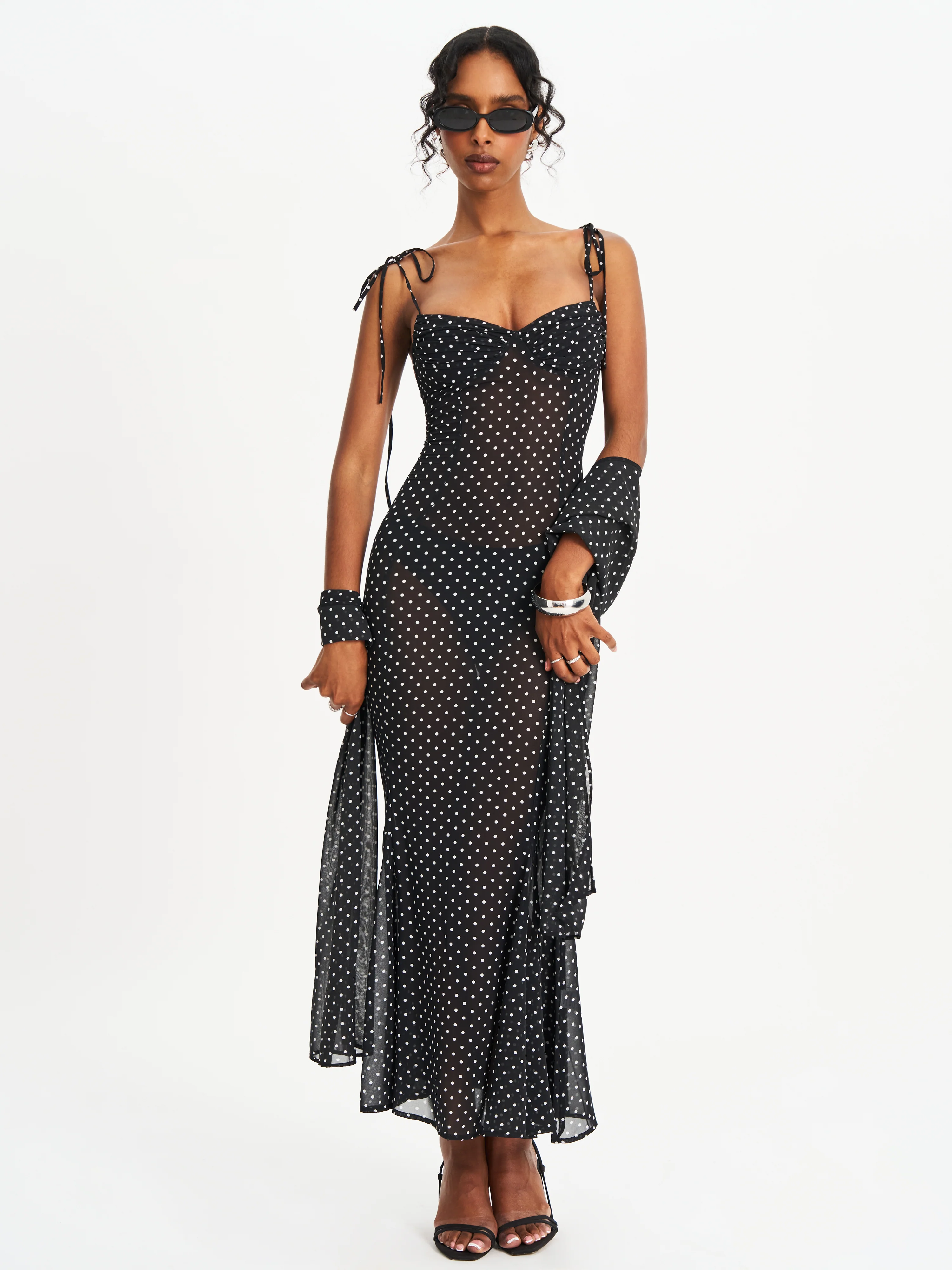 Yadira Black Base Polka Dot Chiffon Maxi Dress
