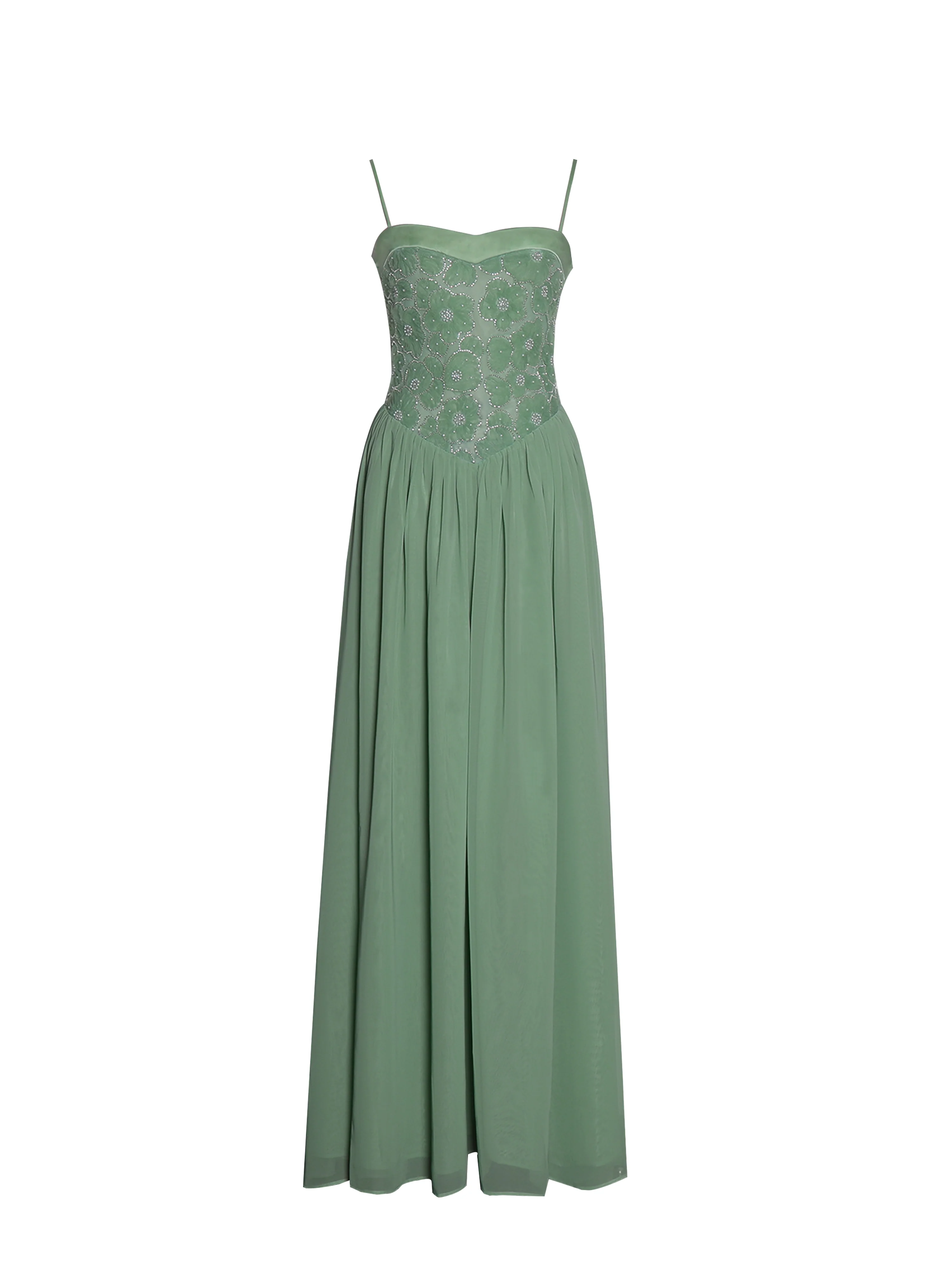 Ucille Sage Green Embroidered Chiffon Maxi Dress