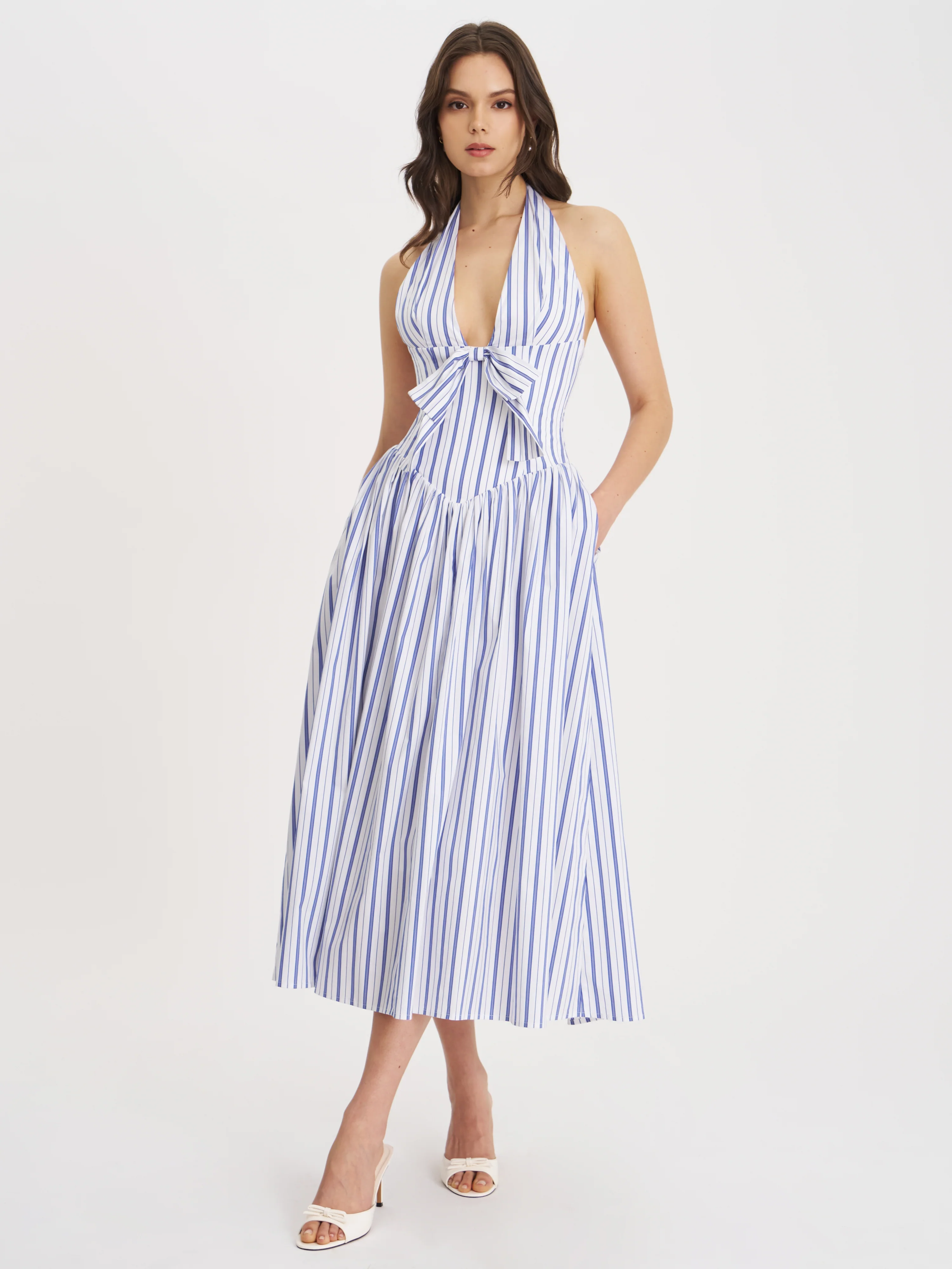 Mackenna Navy Stripe Halter Smock Back Maxi Dress