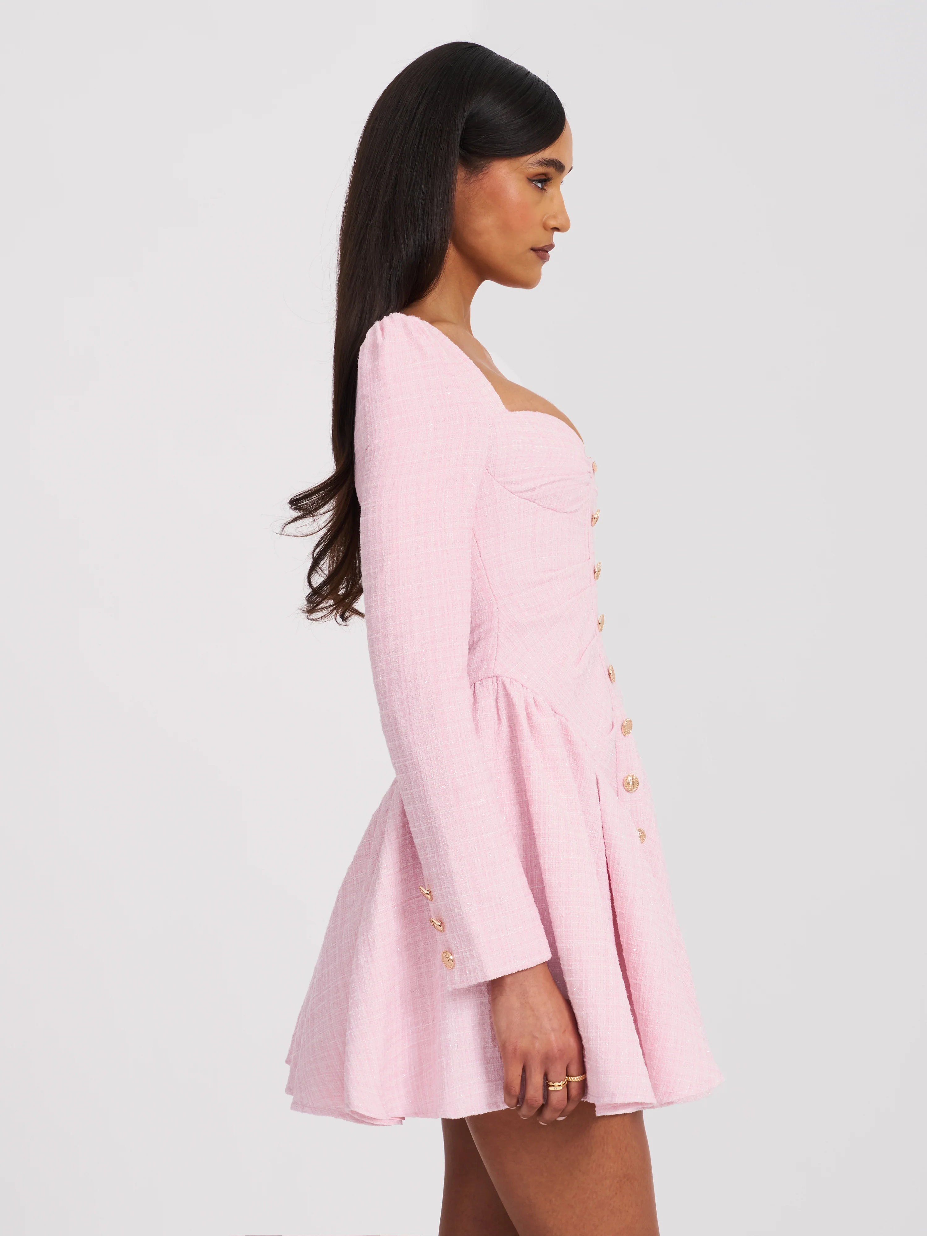 Tae Pink Tweed Long Sleeve Drop Waist Mini Dress