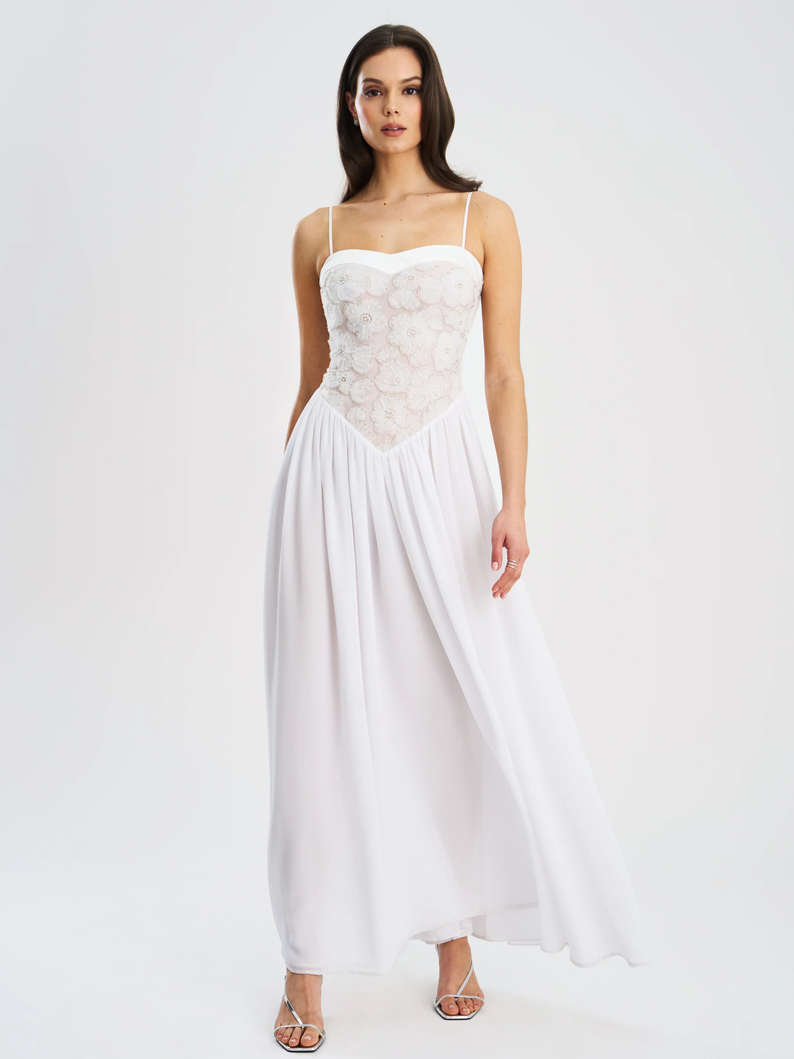Ucille White Embroidered Chiffon Maxi Dress