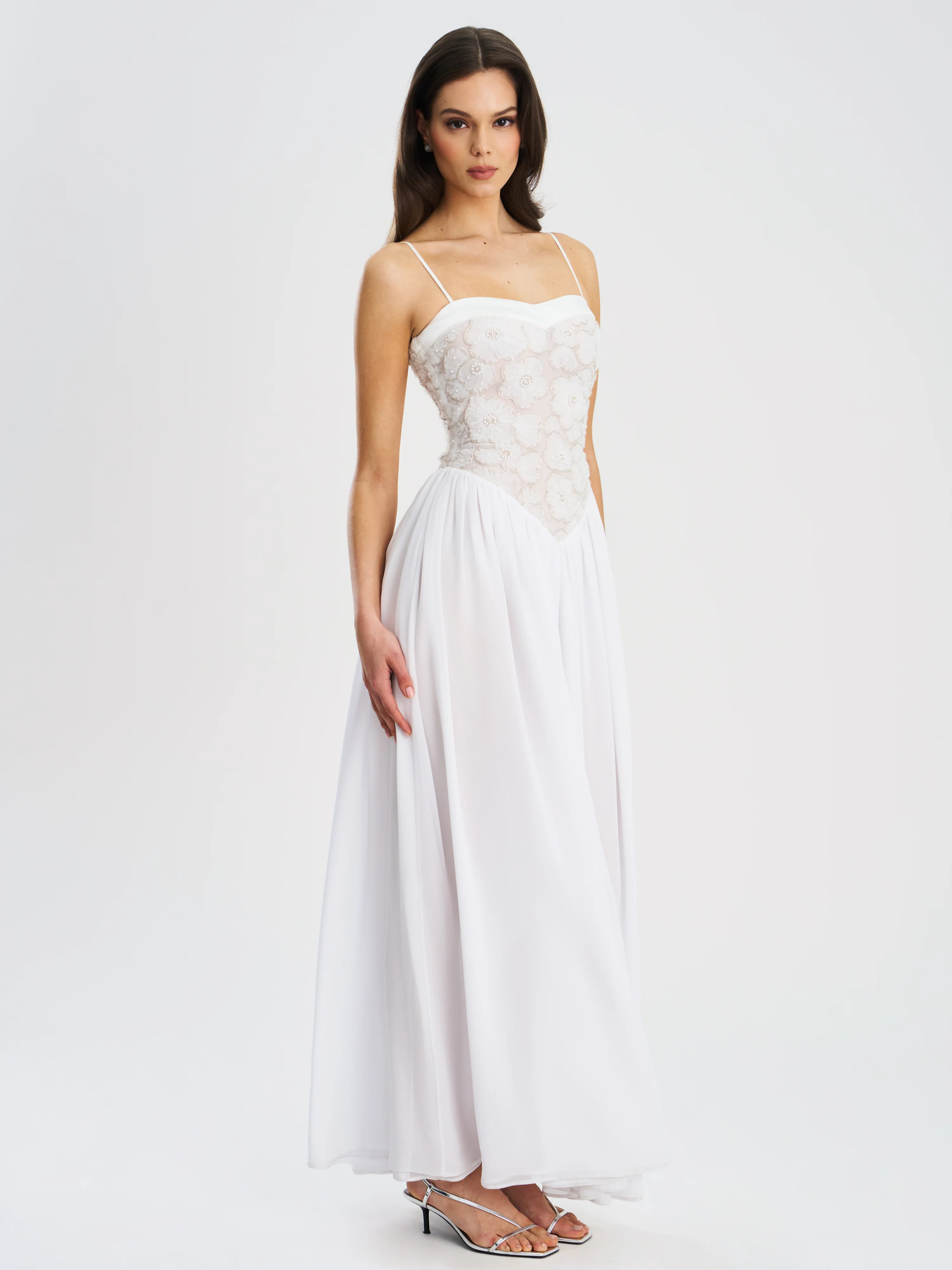 Ucille White Embroidered Chiffon Maxi Dress
