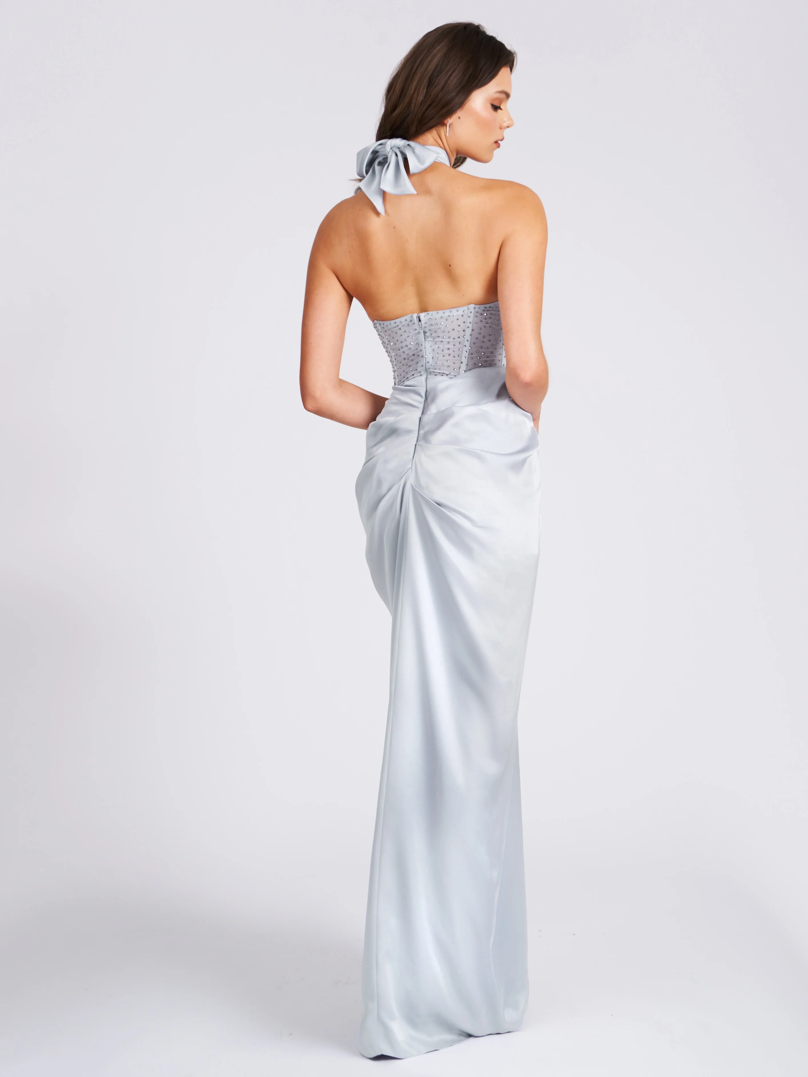 Noemie Silver Crystal Corset Satin Gown