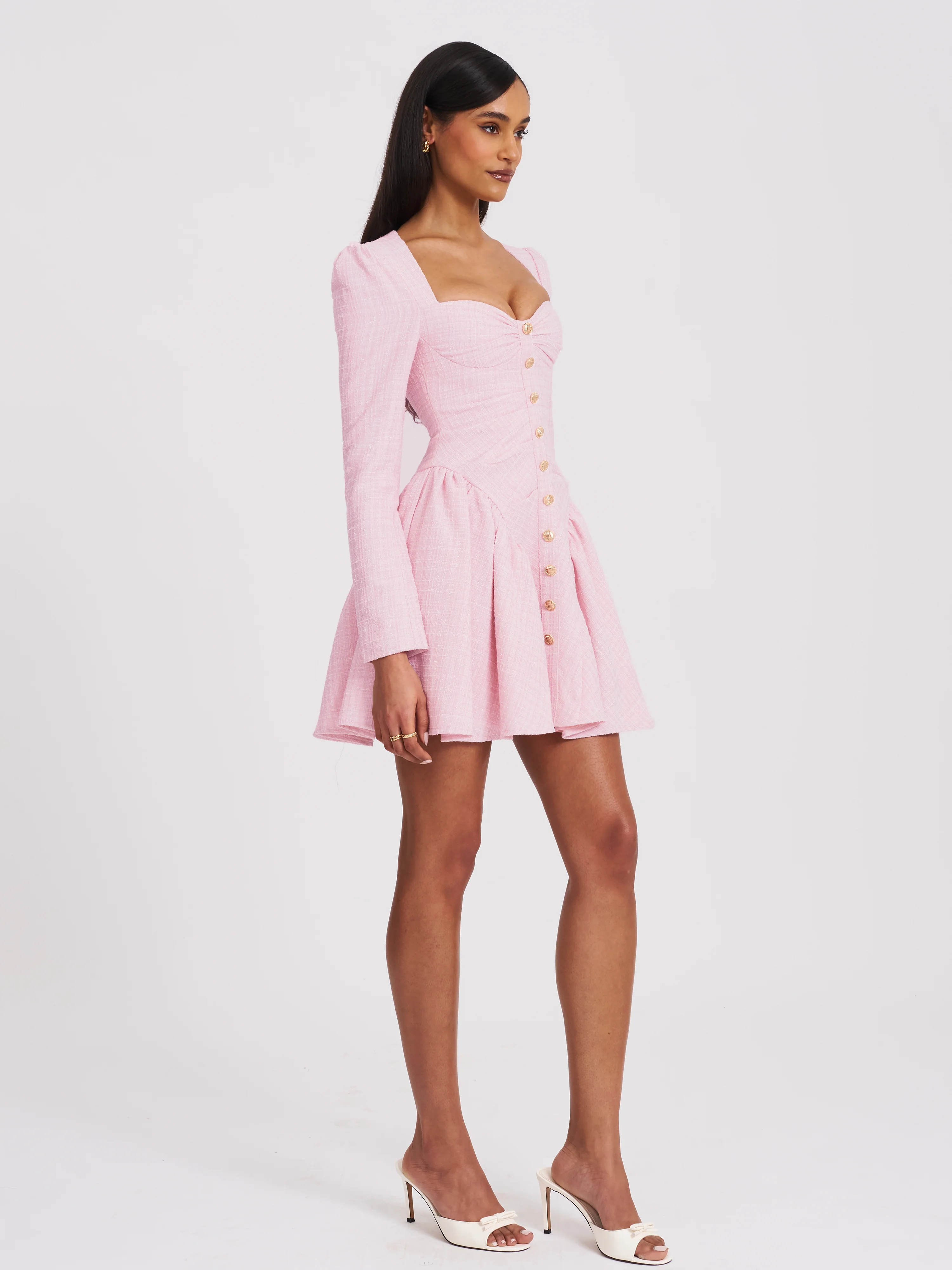 Tae Pink Tweed Long Sleeve Drop Waist Mini Dress