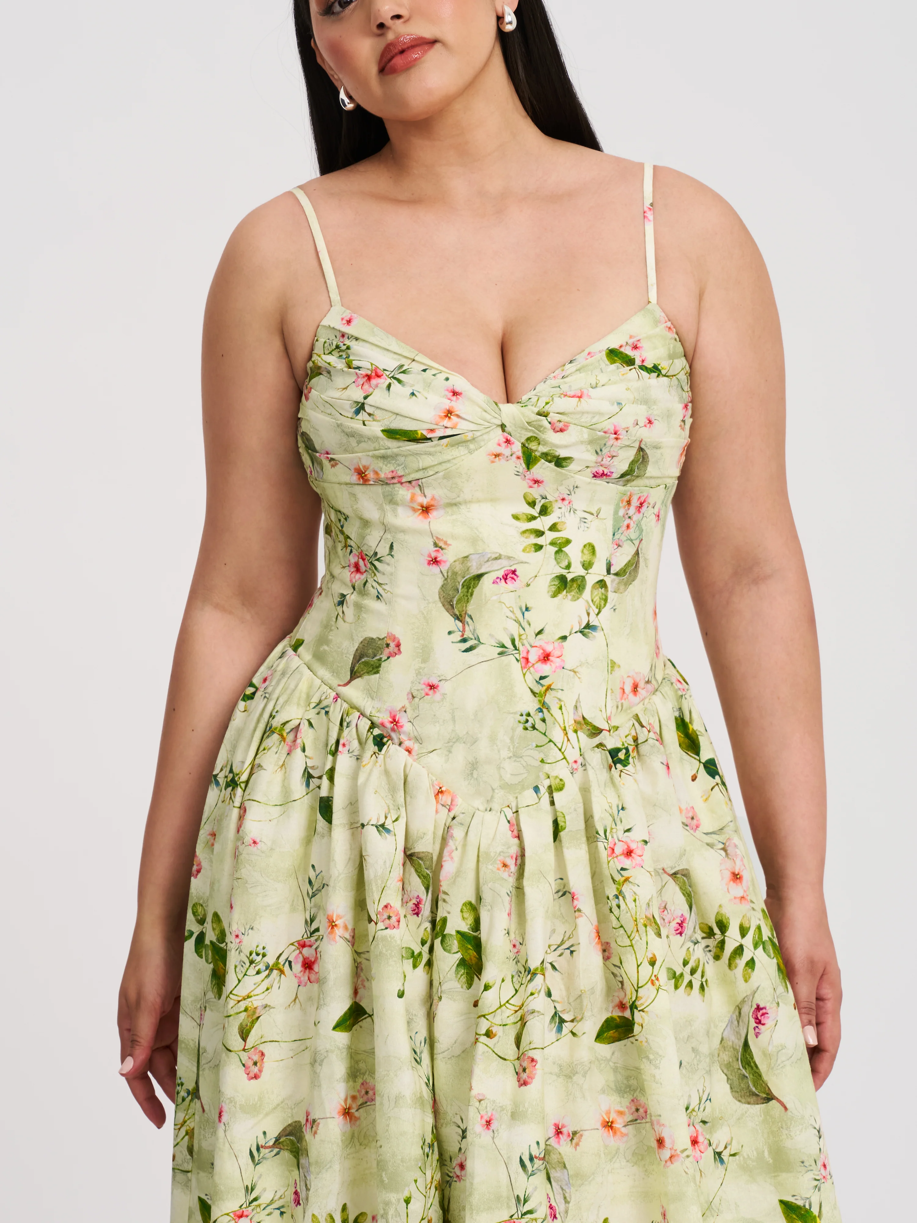 Jacinda Green Floral Print Ruched Breast Linen Midi Dress