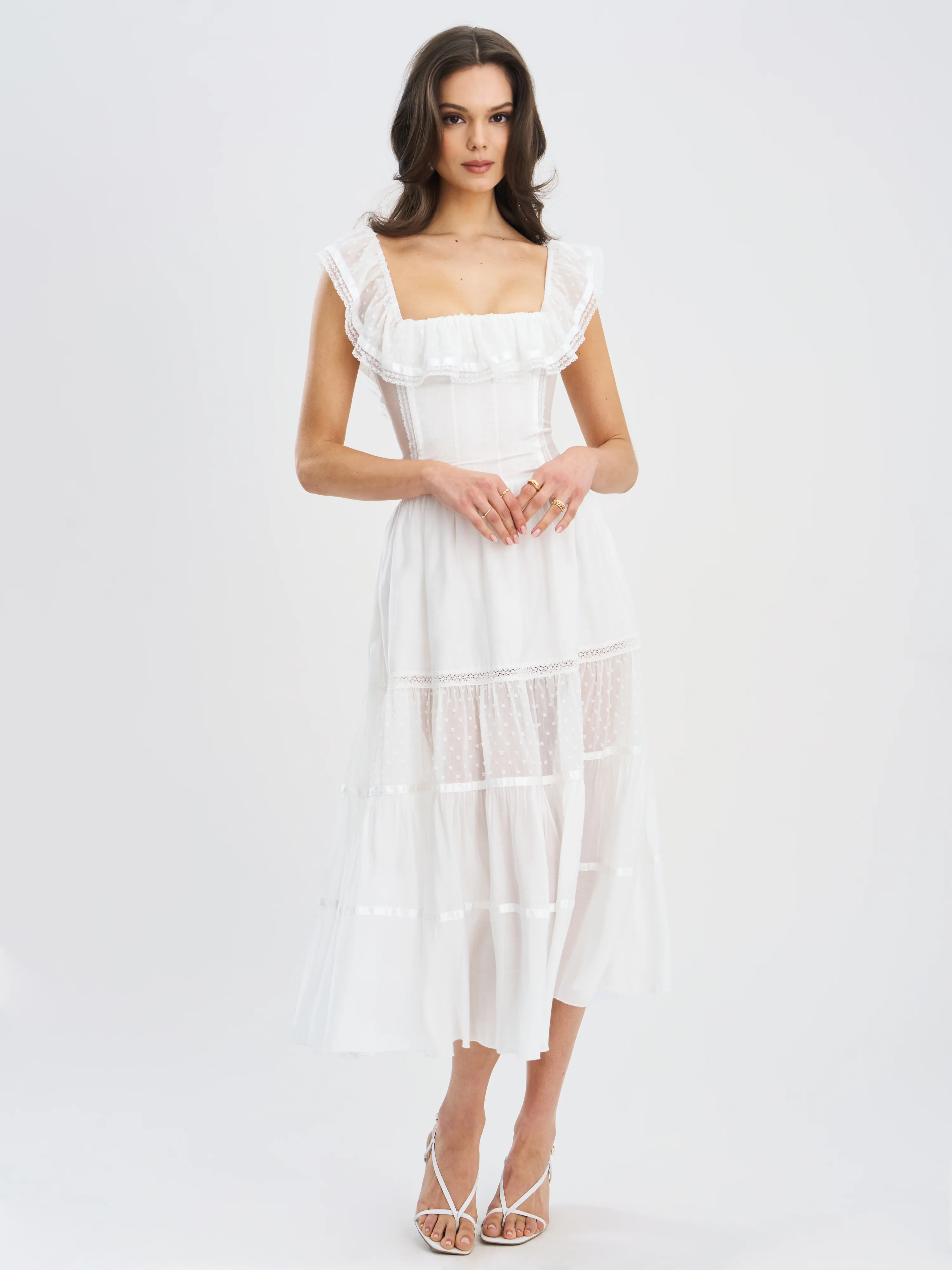 Eden Square Neck Ruffle Trim High Waist Midi Dress