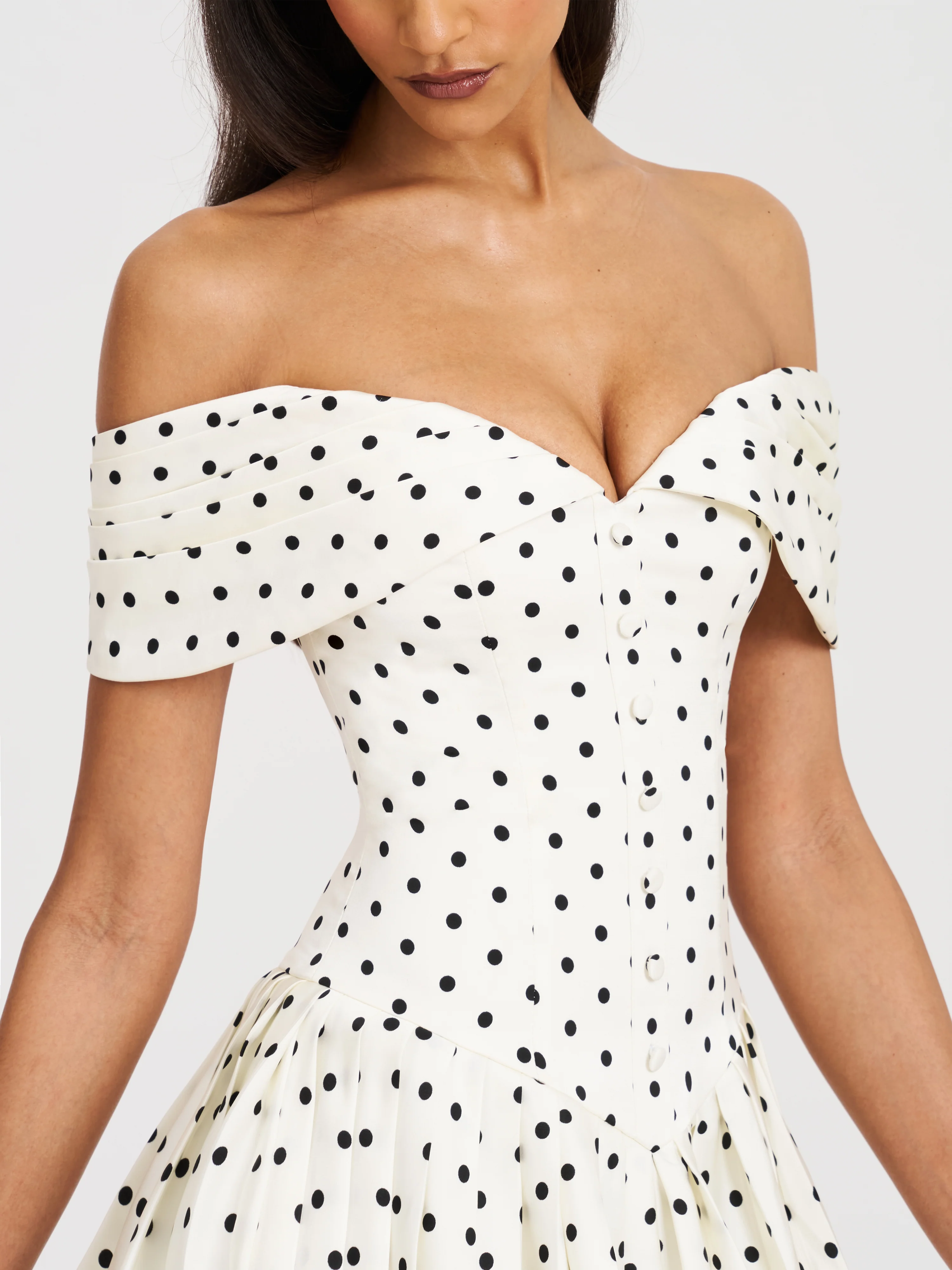 Edeline Polka Dot Off-shoulder Pleated Mini Dress