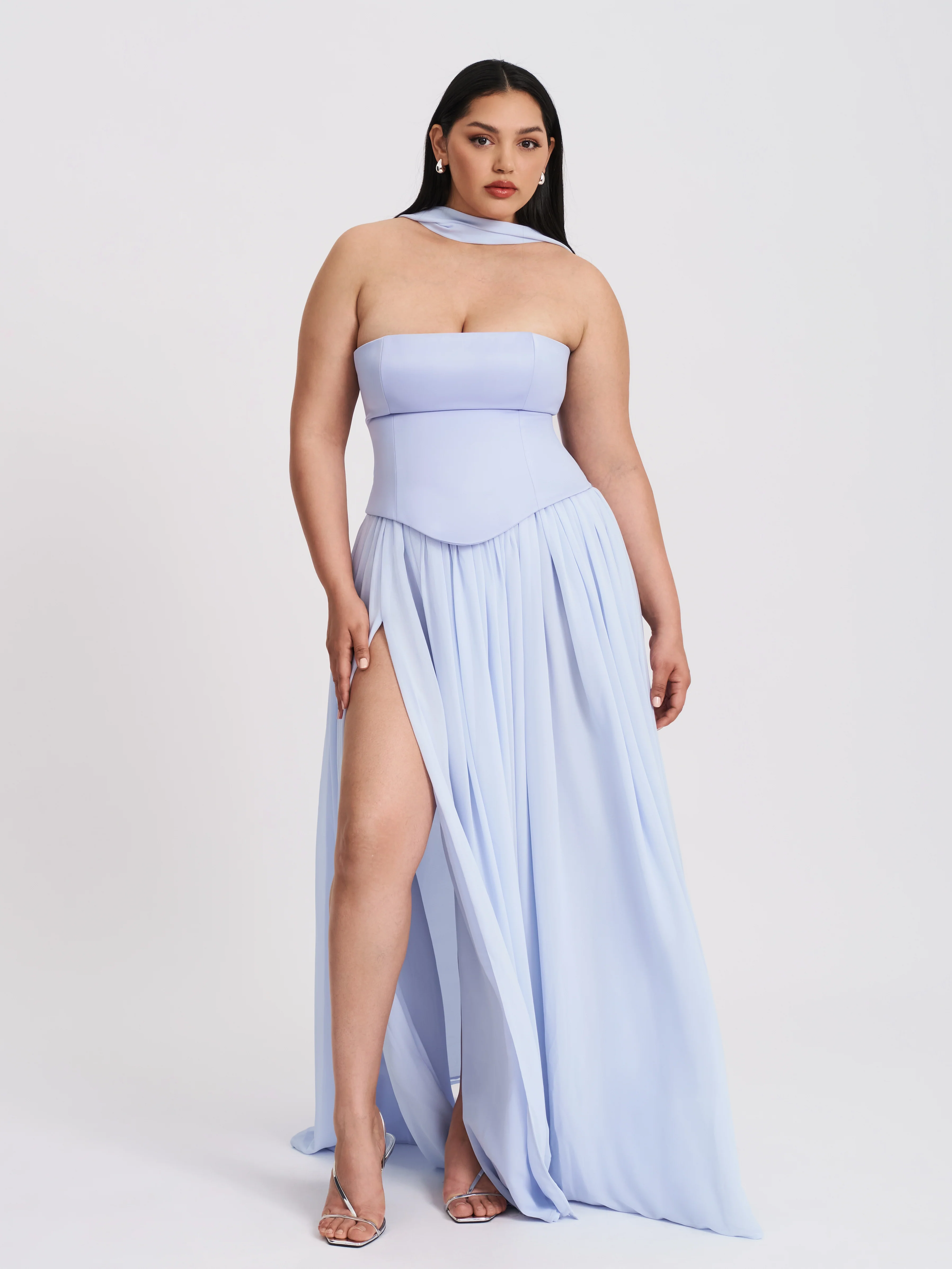 Qianna Baby Blue Peplum Top Drop Waist Chiffon Gown