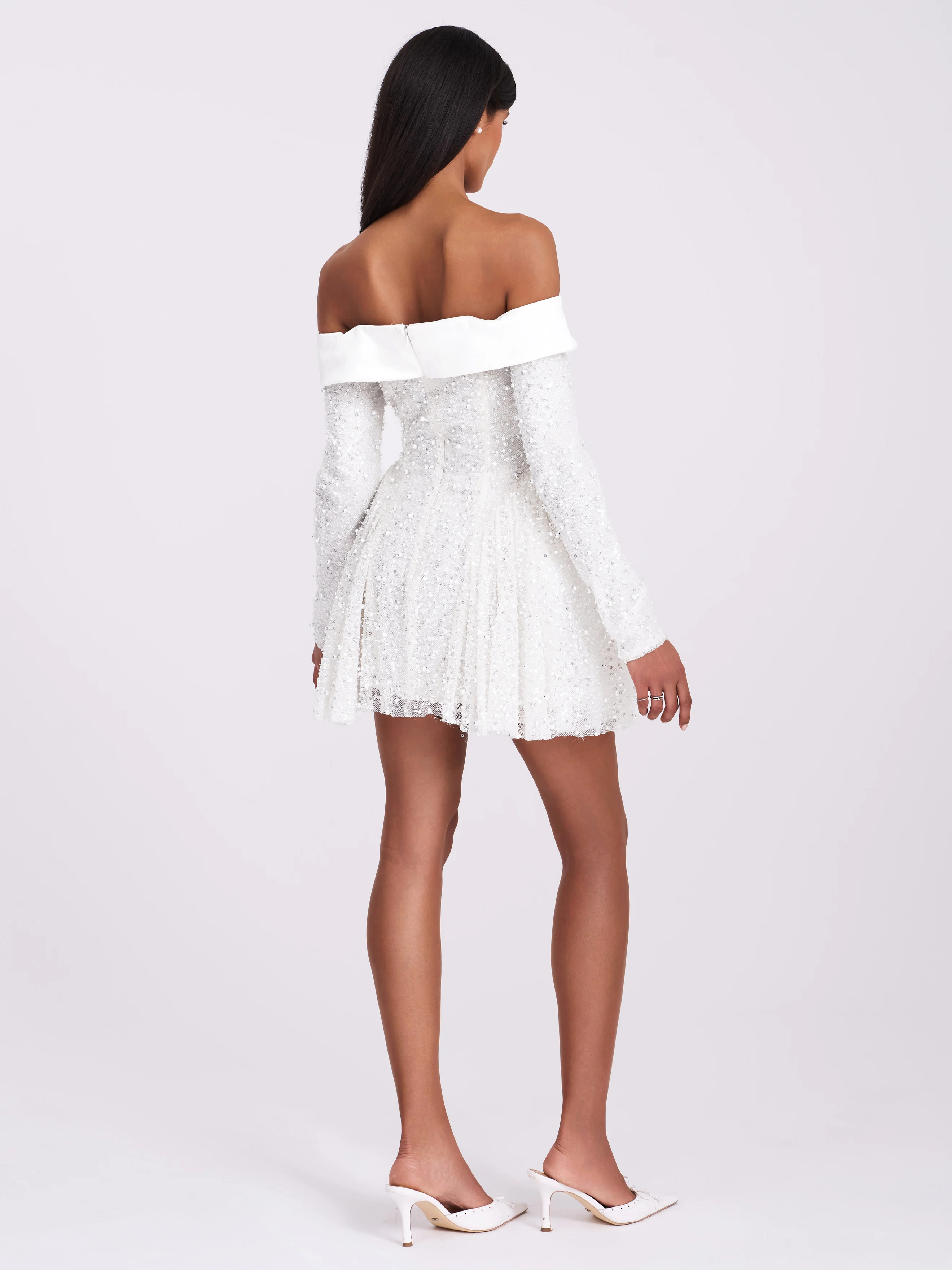 Kira Bead Embroidered Mesh Off Shoulder Long Sleeve Mini Dress