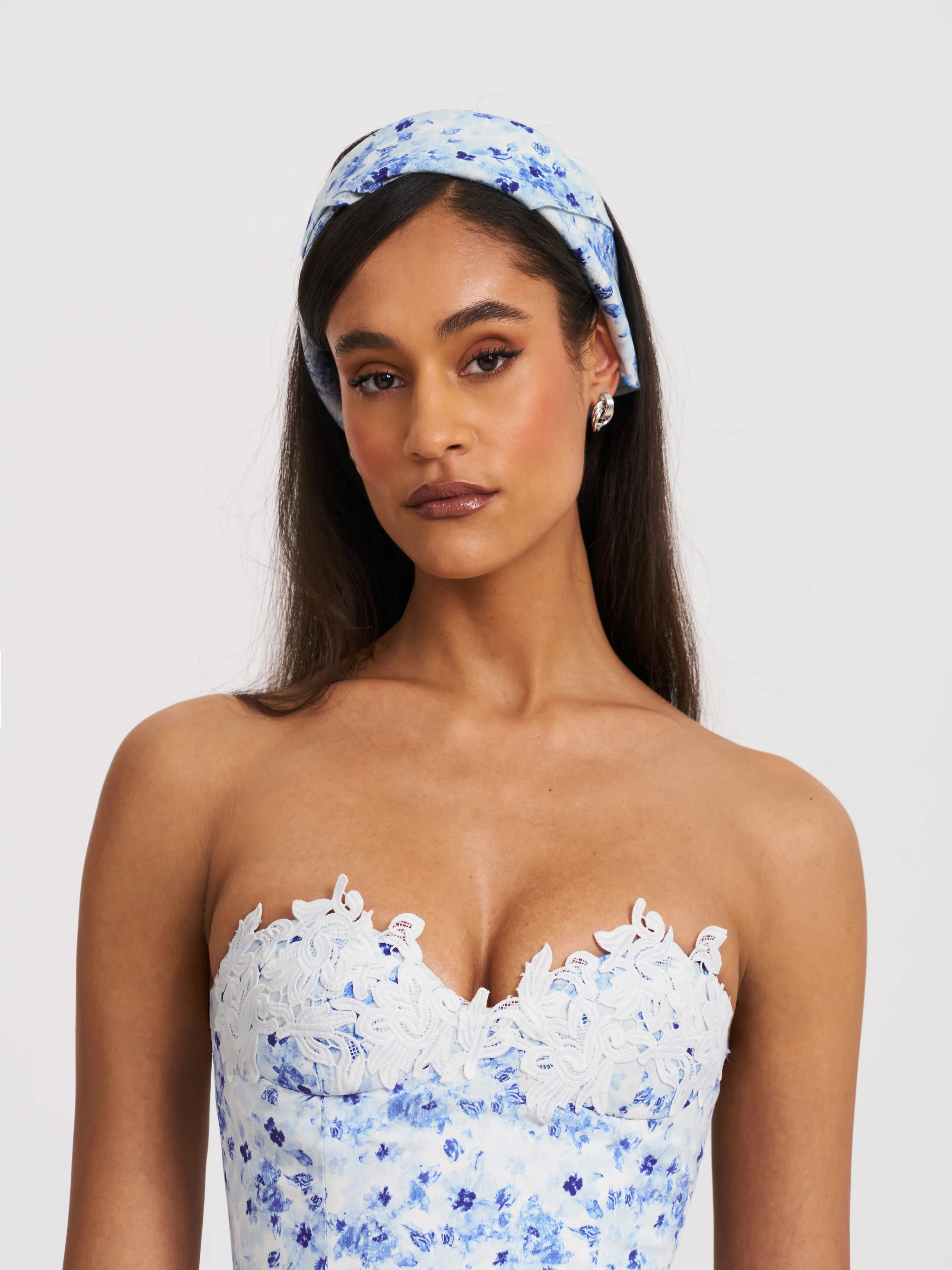 Spring Affair Blue Floral Print Linen Head Scarf