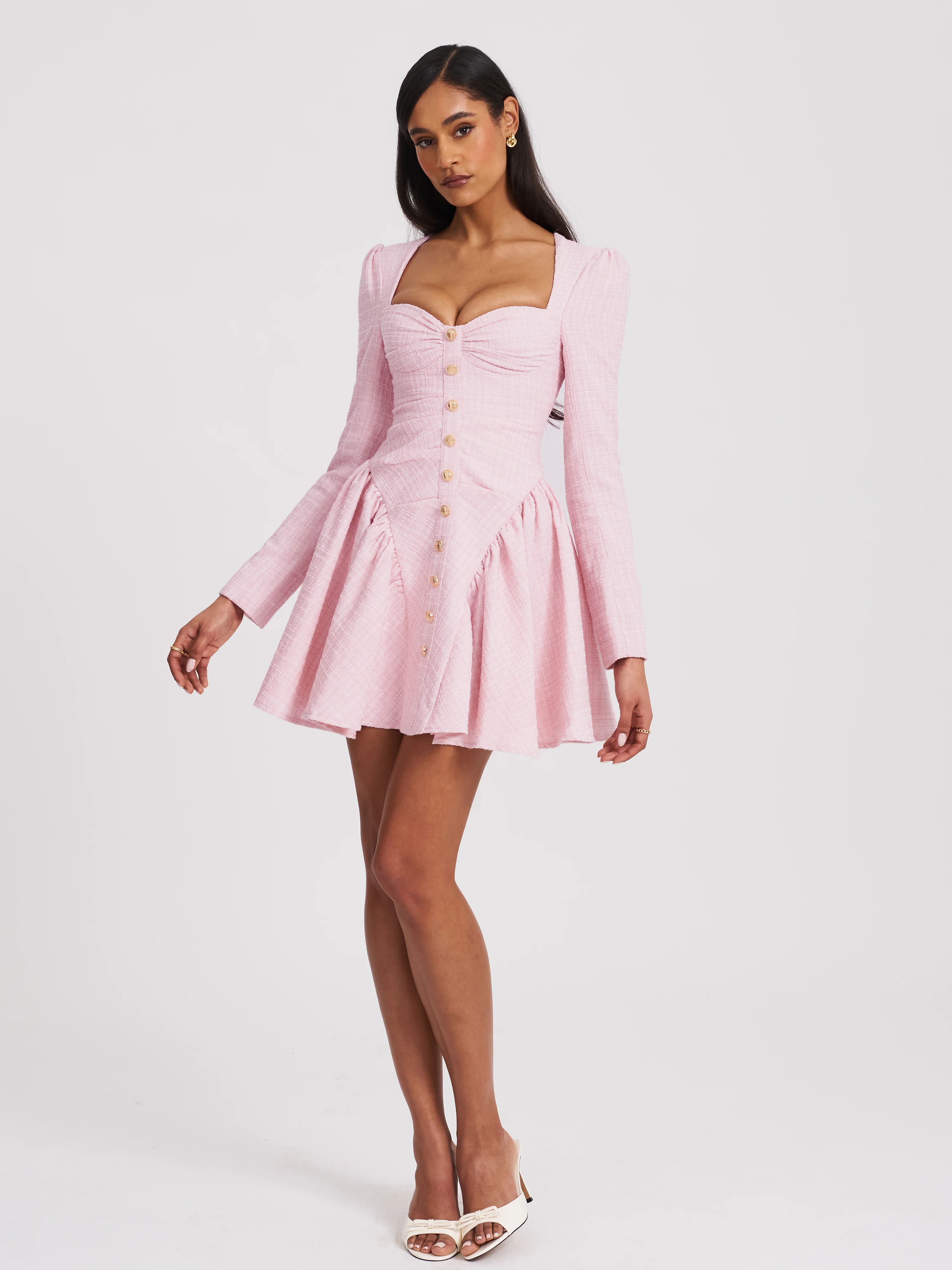 Tae Pink Tweed Long Sleeve Drop Waist Mini Dress