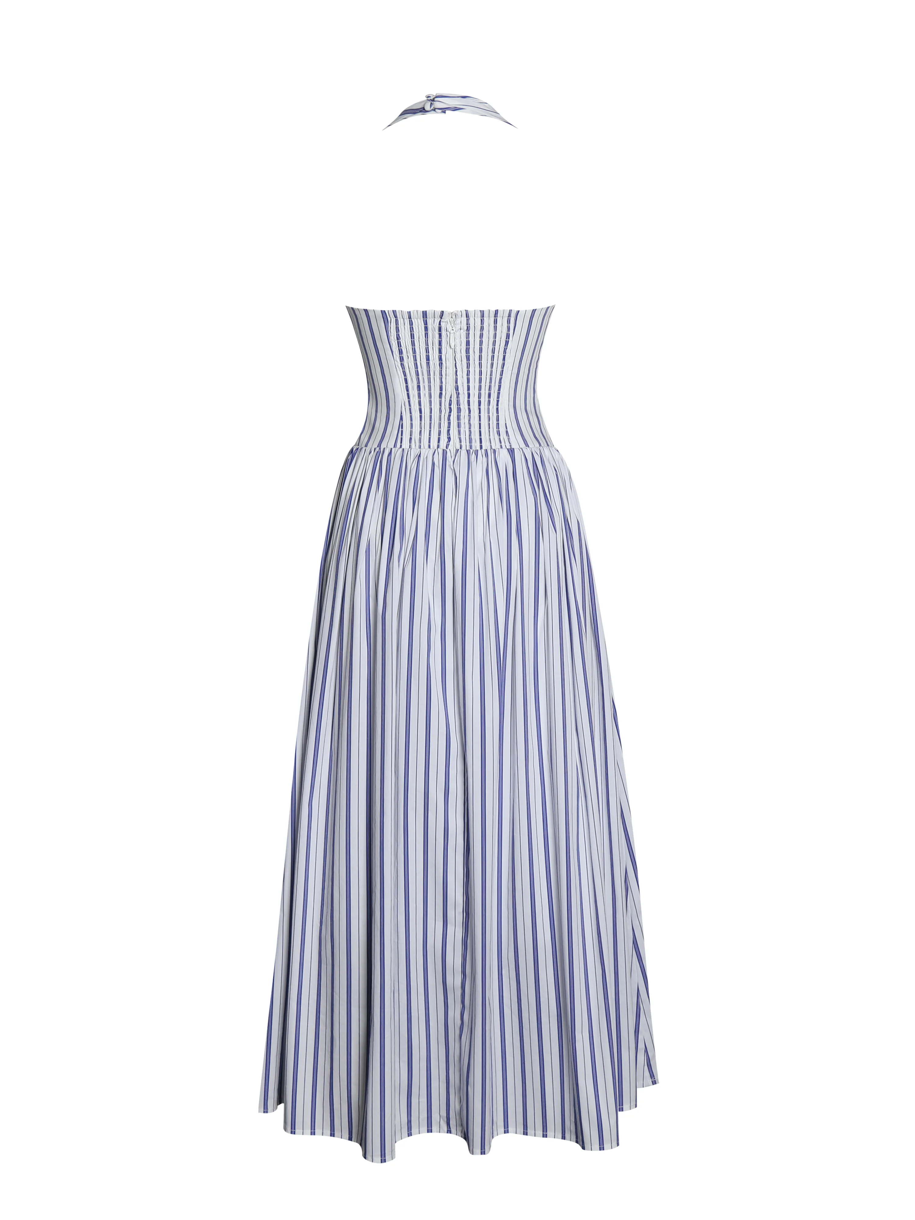 Mackenna Navy Stripe Halter Smock Back Maxi Dress