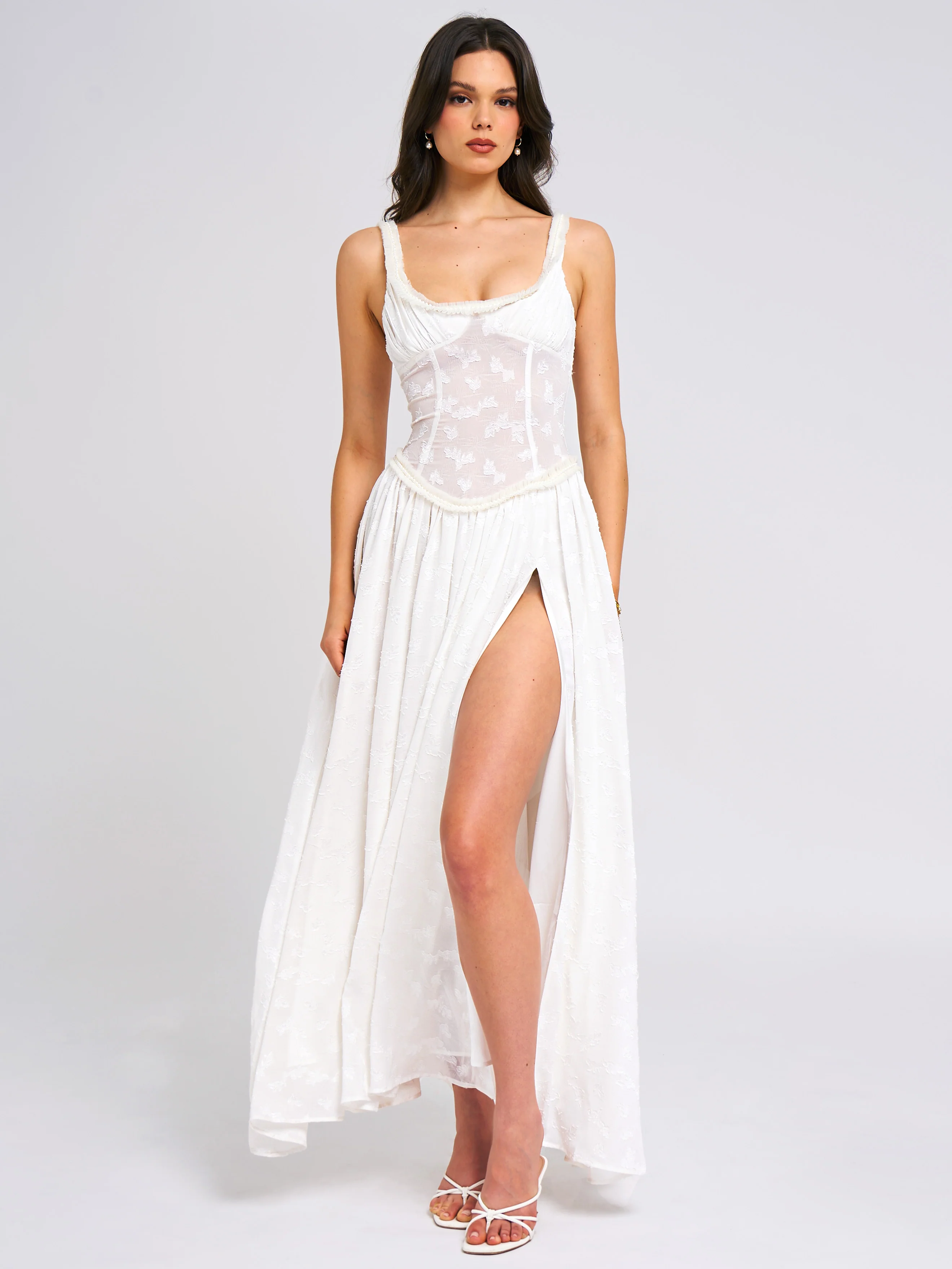 Ulissa White Square Neck Jacquard Textured High Slit Maxi Dress