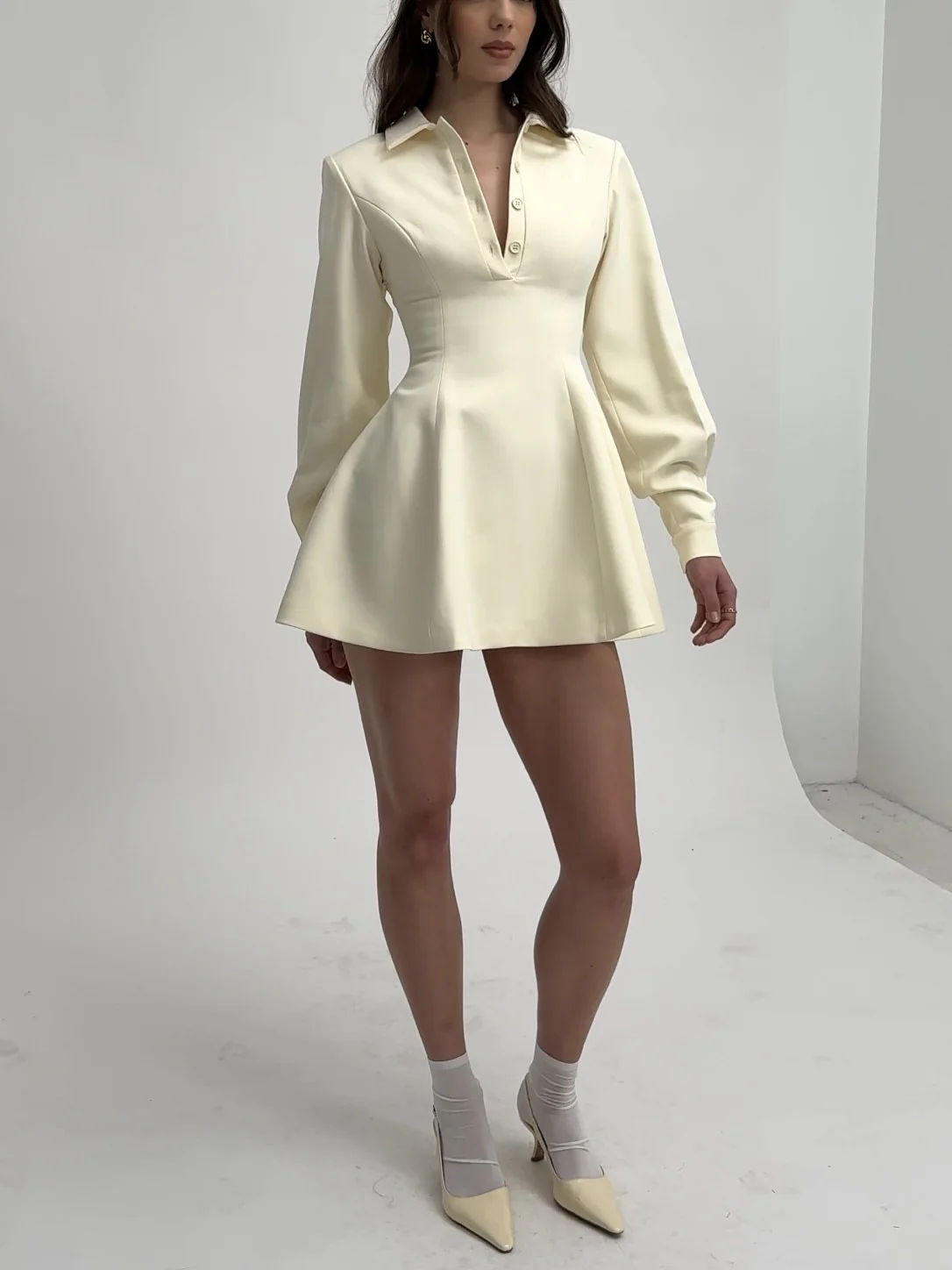 Obelia Off White Long Sleeve Polo Mini Dress