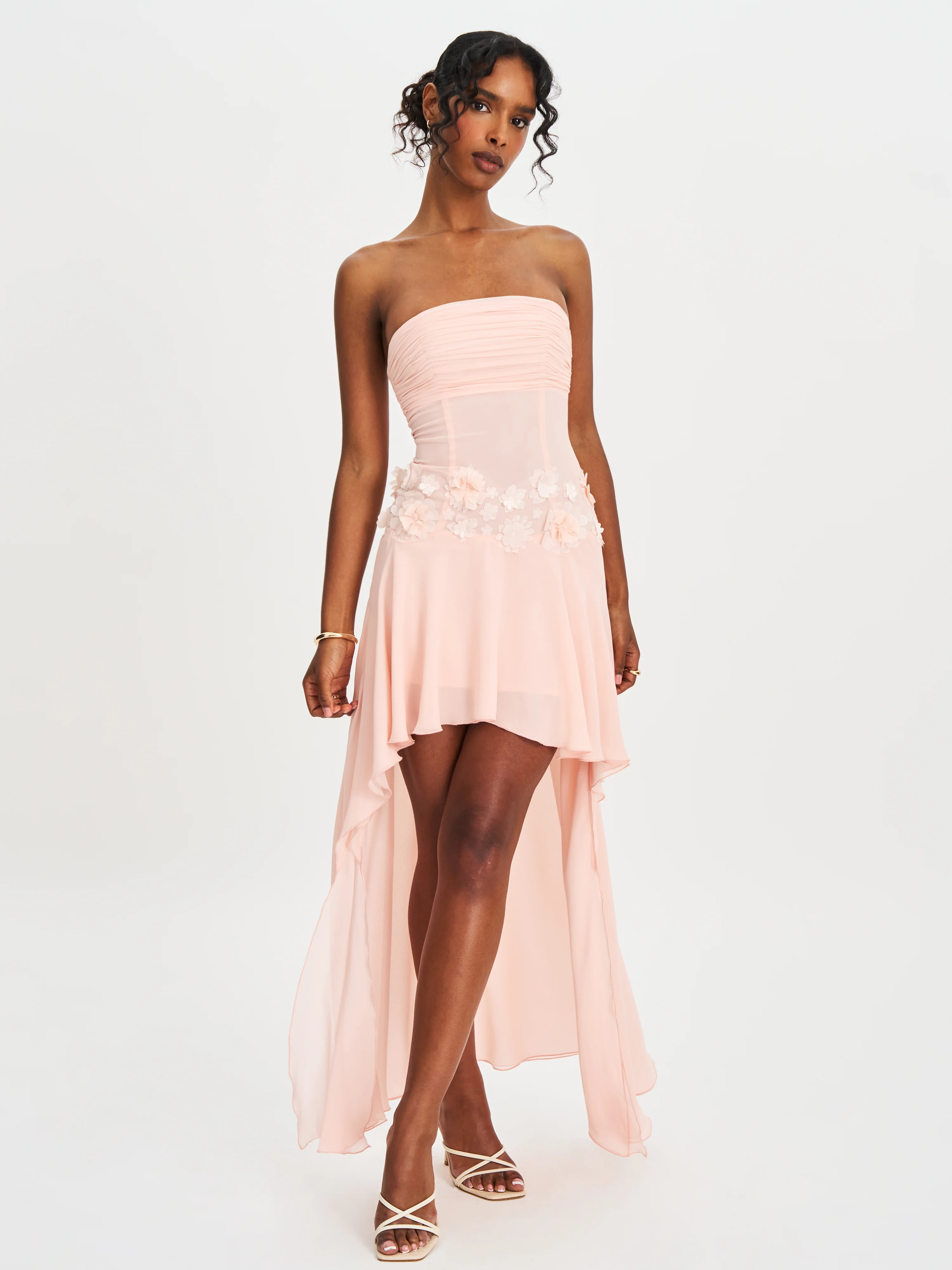 Mae Pink Ruched Breast Appliqué Trim Trailing Dress