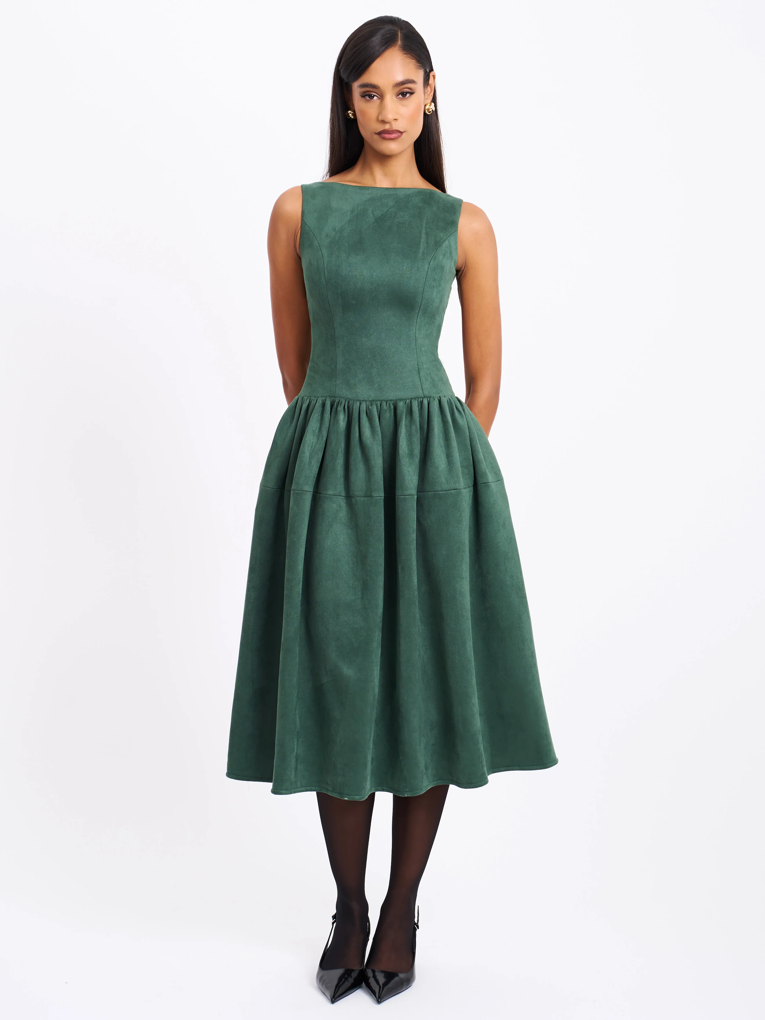 Laila Green Suede Boat Neck Backless Midi Dress
