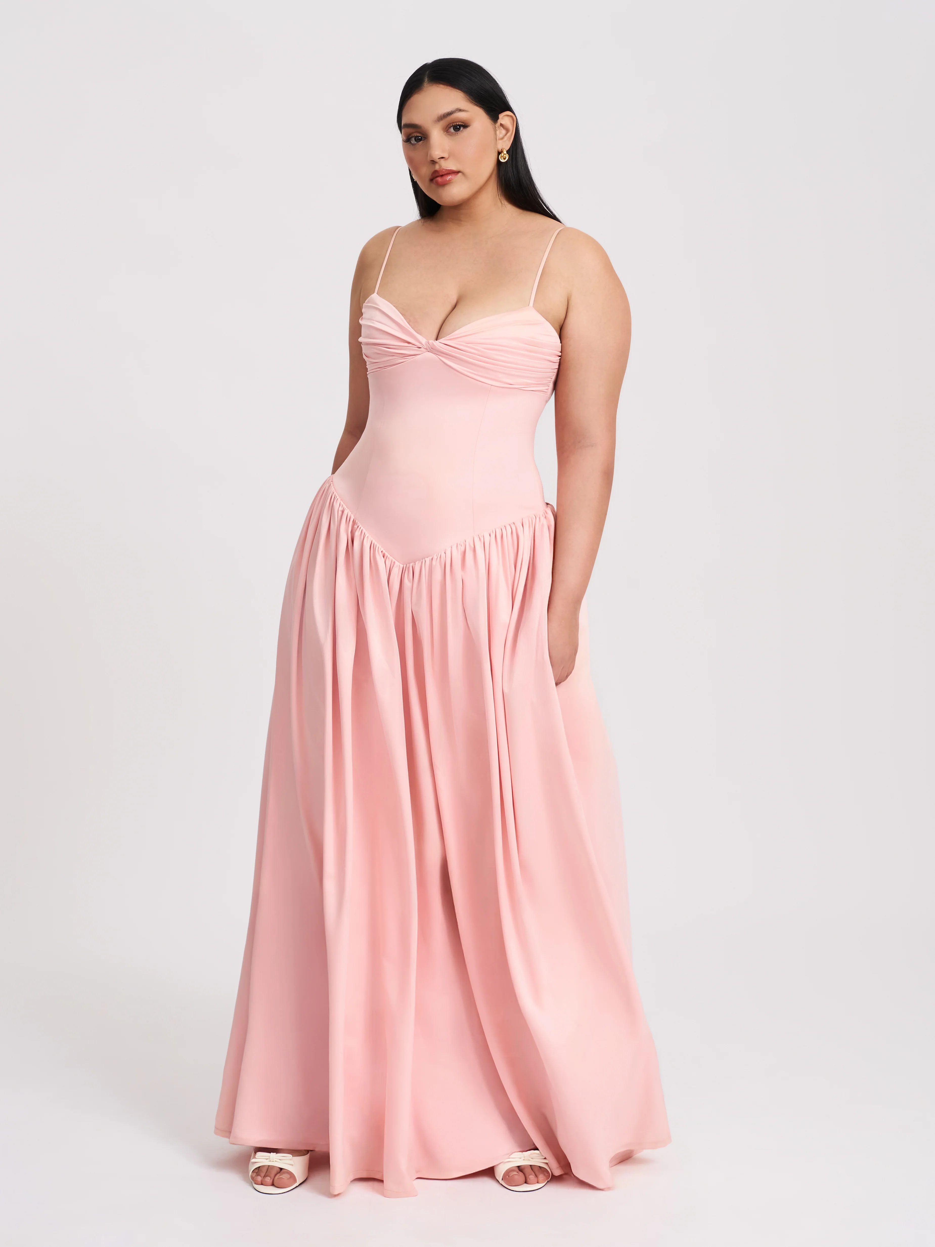 Najwa Baby Pink Ruched Breast Drop Waist Maxi Dress